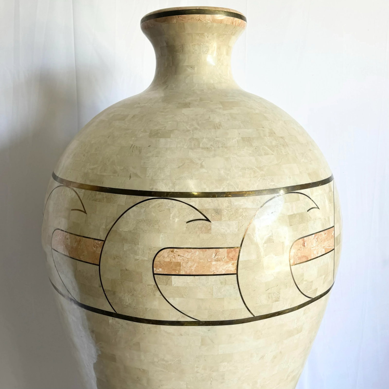 Monumental Polished Beige and Pink Tessellated Stone Floor Vase With Inlaid Brass - 3