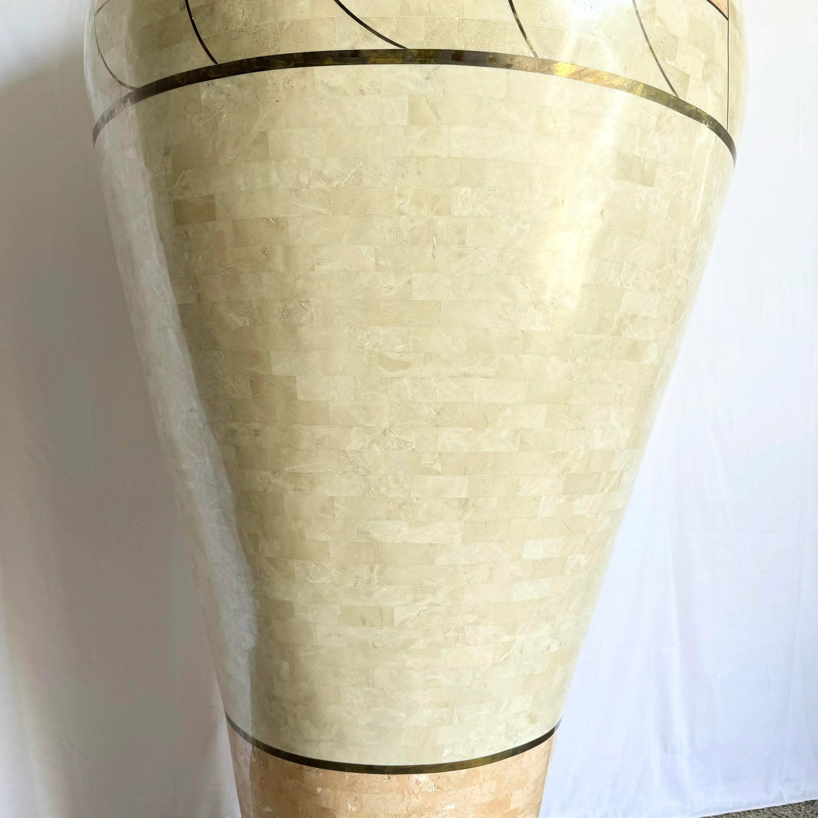 Monumental Polished Beige and Pink Tessellated Stone Floor Vase With Inlaid Brass - 4