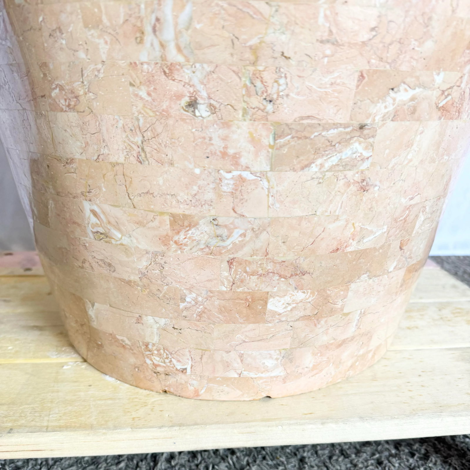 Monumental Polished Beige and Pink Tessellated Stone Floor Vase With Inlaid Brass - 5
