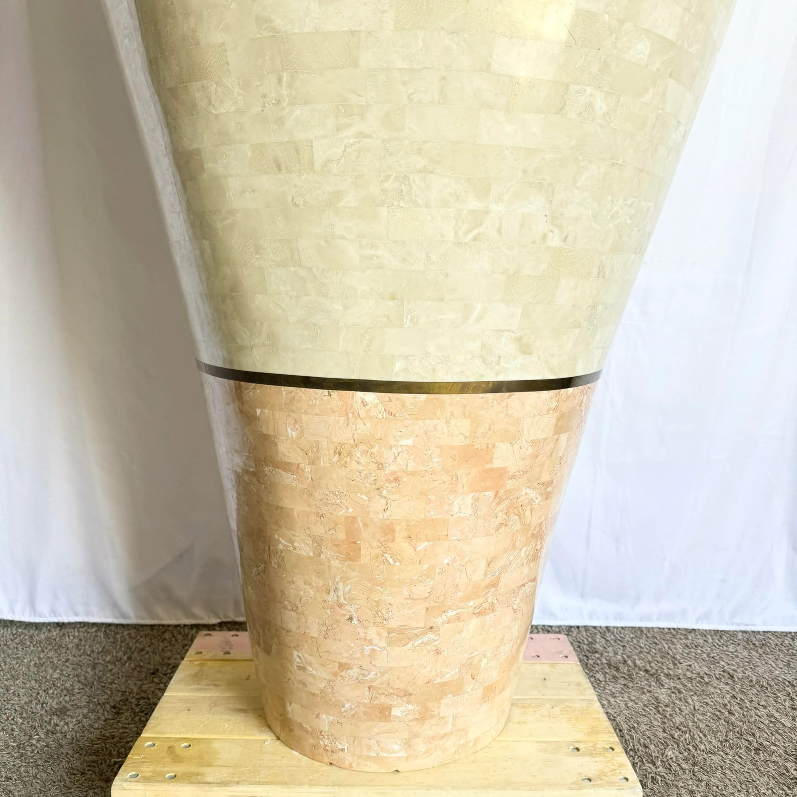 Monumental Polished Beige and Pink Tessellated Stone Floor Vase With Inlaid Brass - 6