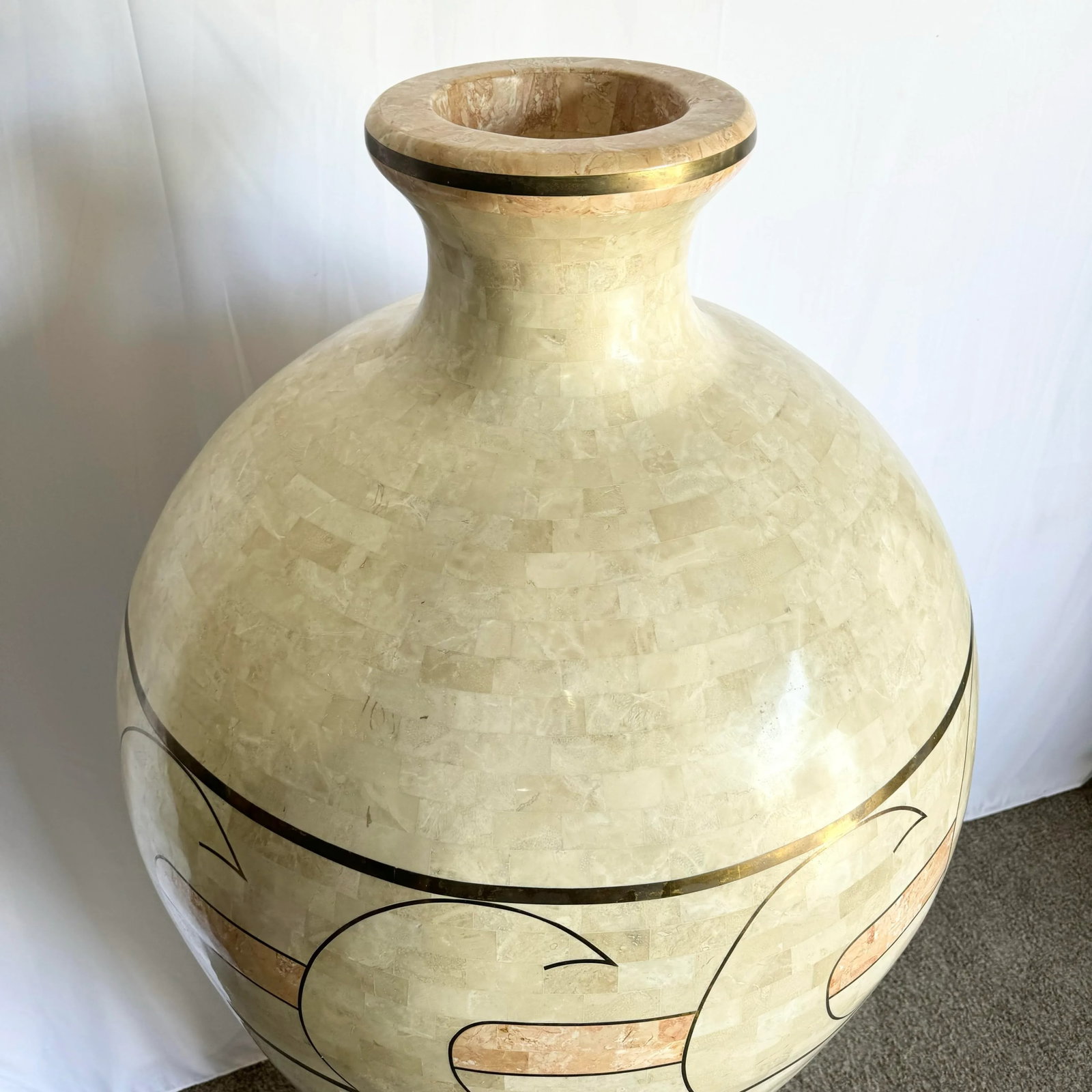 Monumental Polished Beige and Pink Tessellated Stone Floor Vase With Inlaid Brass - 7