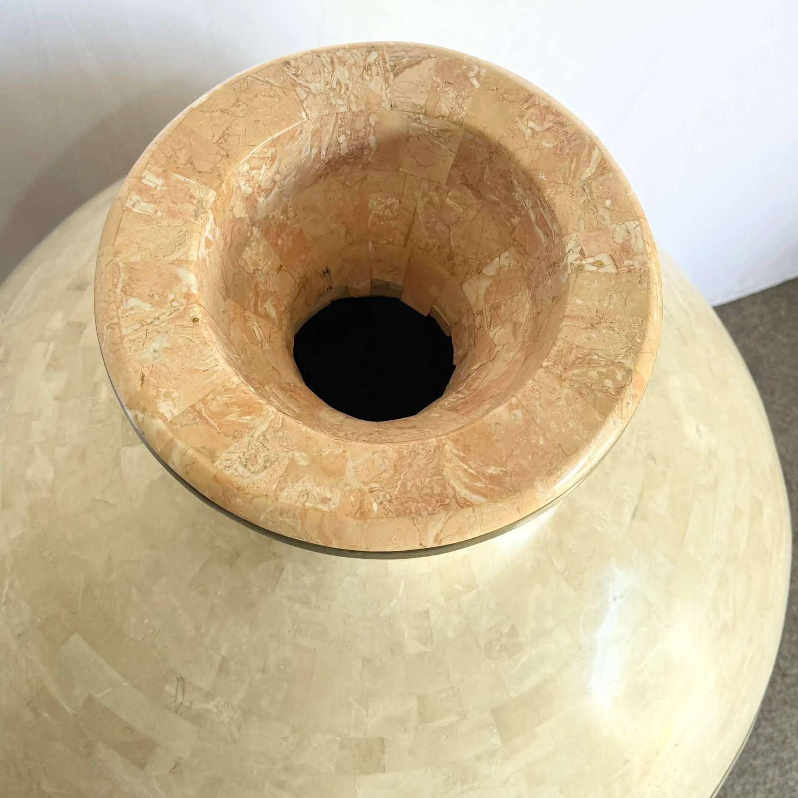Monumental Polished Beige and Pink Tessellated Stone Floor Vase With Inlaid Brass - 8