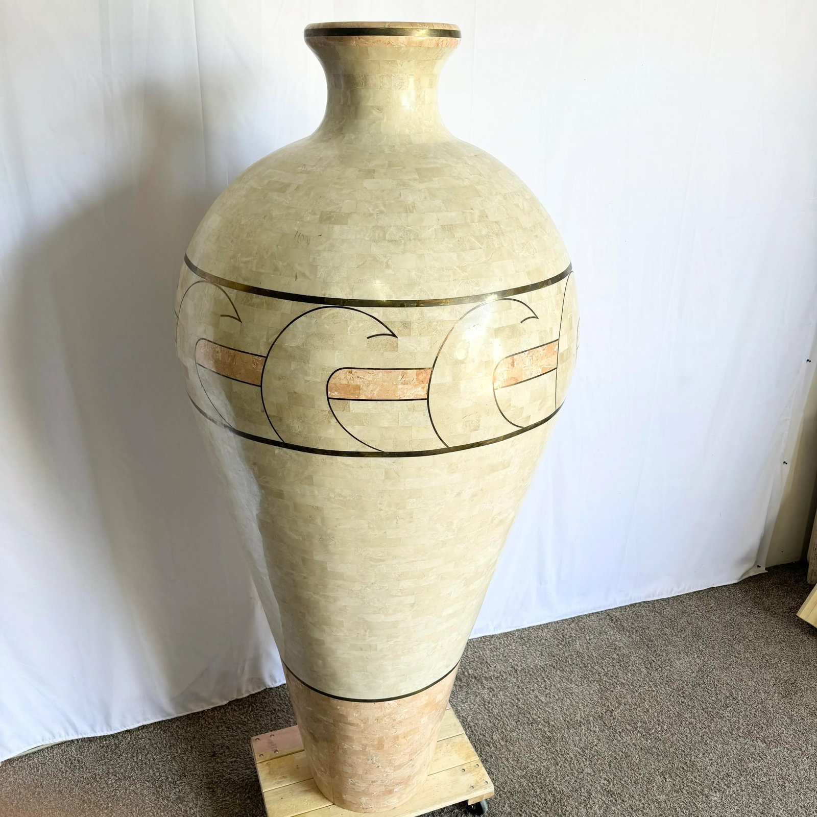 Monumental Polished Beige and Pink Tessellated Stone Floor Vase With Inlaid Brass - 9