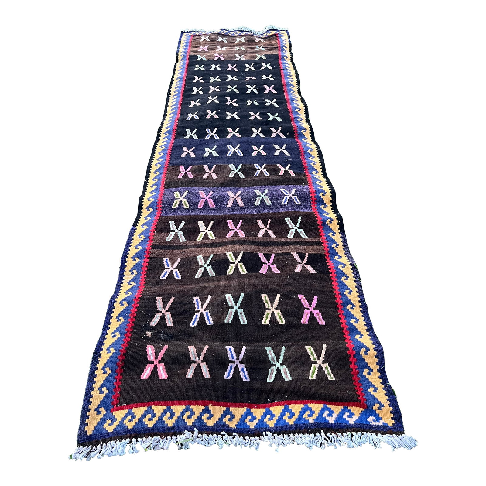 Vintage Turkish Black Flatweave Kilim Runner: All rugs have been professionally cleaned; original condition is not altered, age-related wear is considered normal in these unique, hand woven vintage rugs. It is common for slight variations in wear