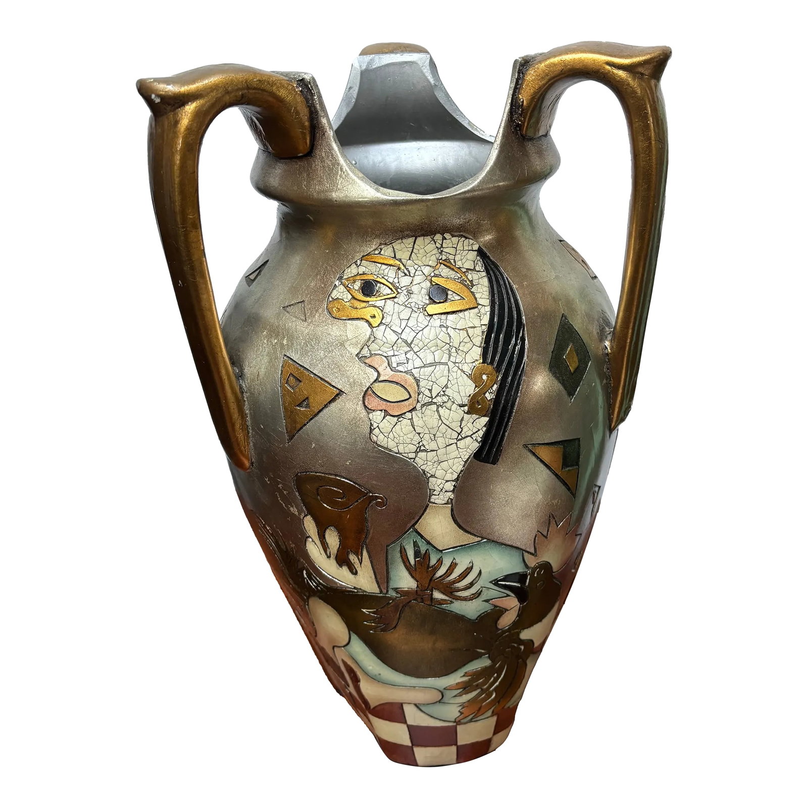 Mid 20th Century Picasso Style Porcelain Vase: Picasso Style Porcelain Vase with 3 Gilt Handles. Silver and Gold Glazed with Abstract Figures. Mid 20th Century Condition: Alterations: Original Condition Unaltered Imperfections: Some Imperfections 