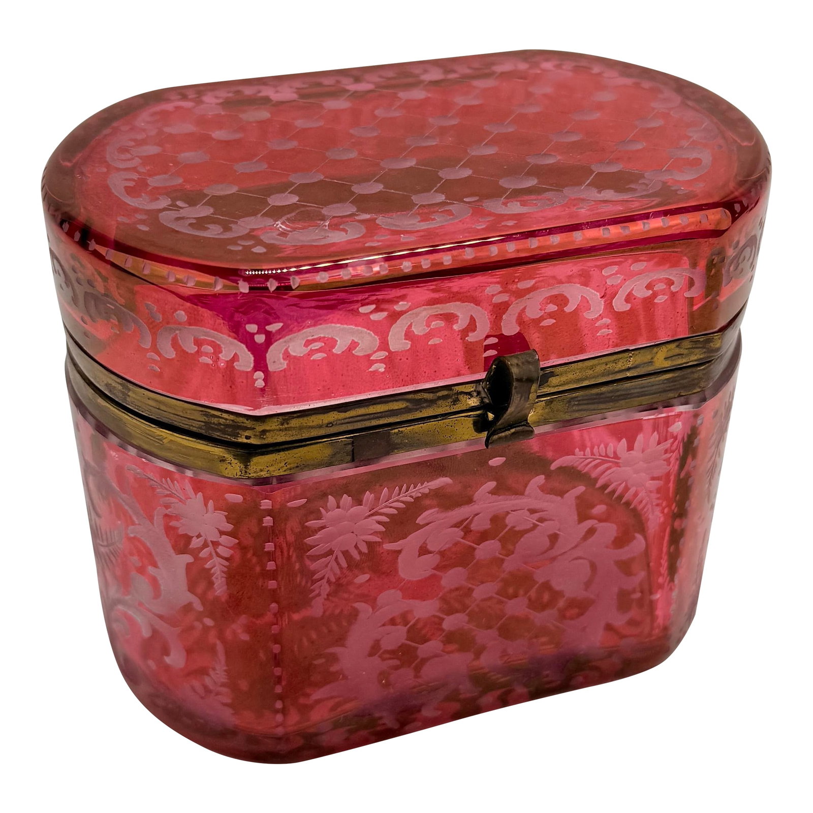 Late 19th Century, Bohemian Cranberry Overlay & Gilt Bronze Hinged Casket Box: Late 19th Century, Bohemian Cranberry Overlay & Gilt Bronze Hinged Casket Box A richly ornamented Bohemian casket box, dating to the latter half of the 19th century, of ovoid rectangular form with