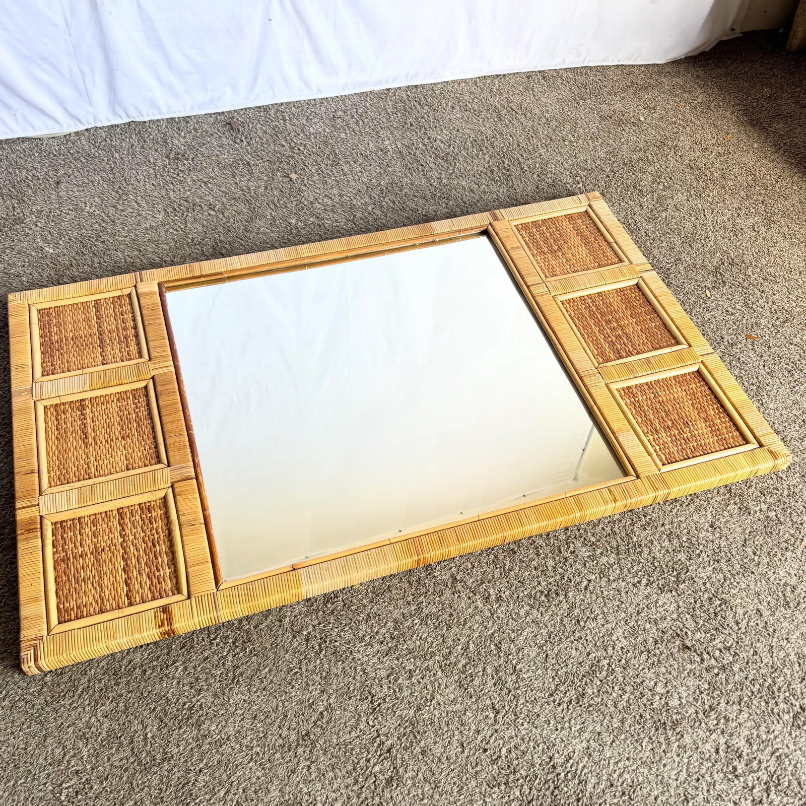 Vintage Boho Coastal Wicker Paneled Wall Mirror - 2