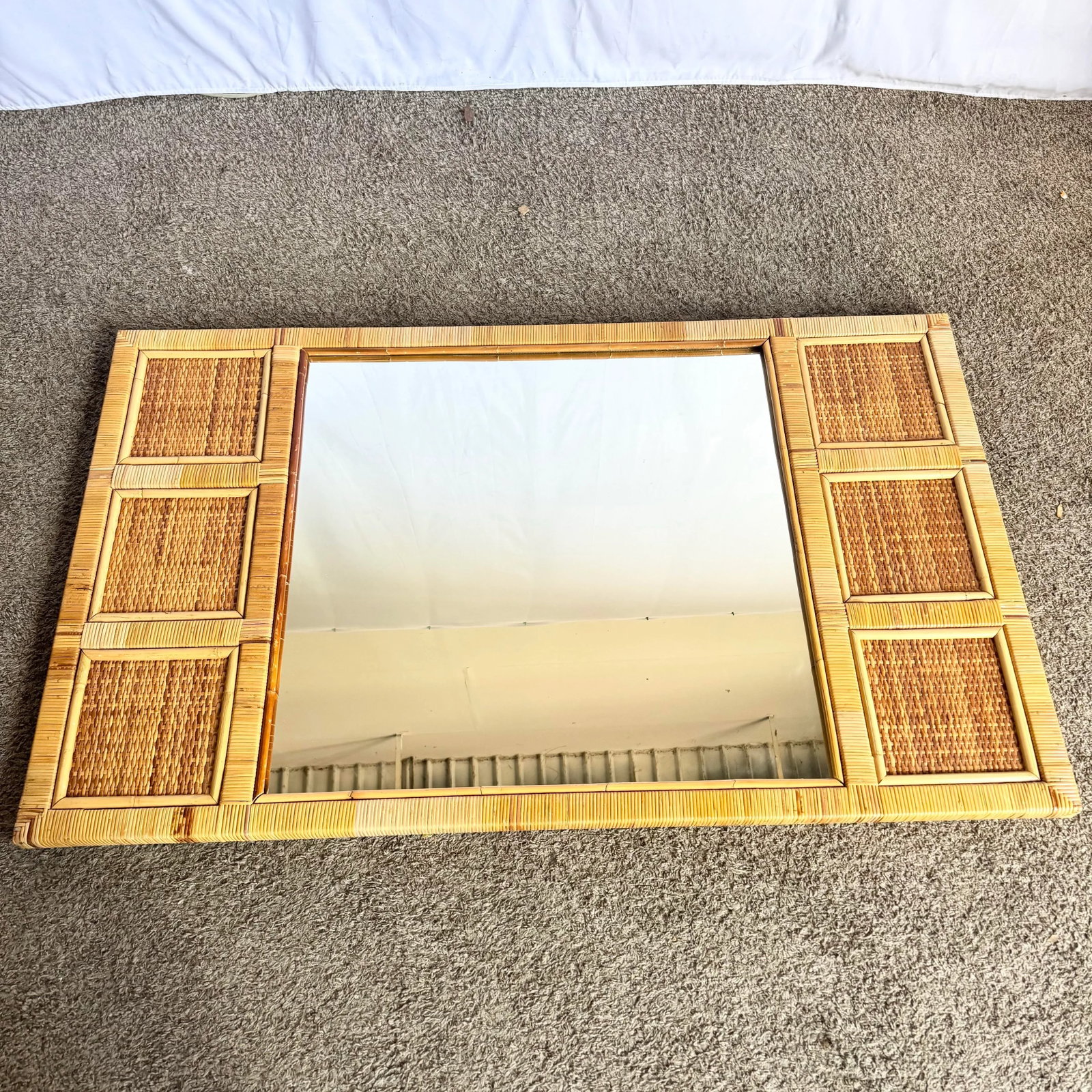 Vintage Boho Coastal Wicker Paneled Wall Mirror - 3