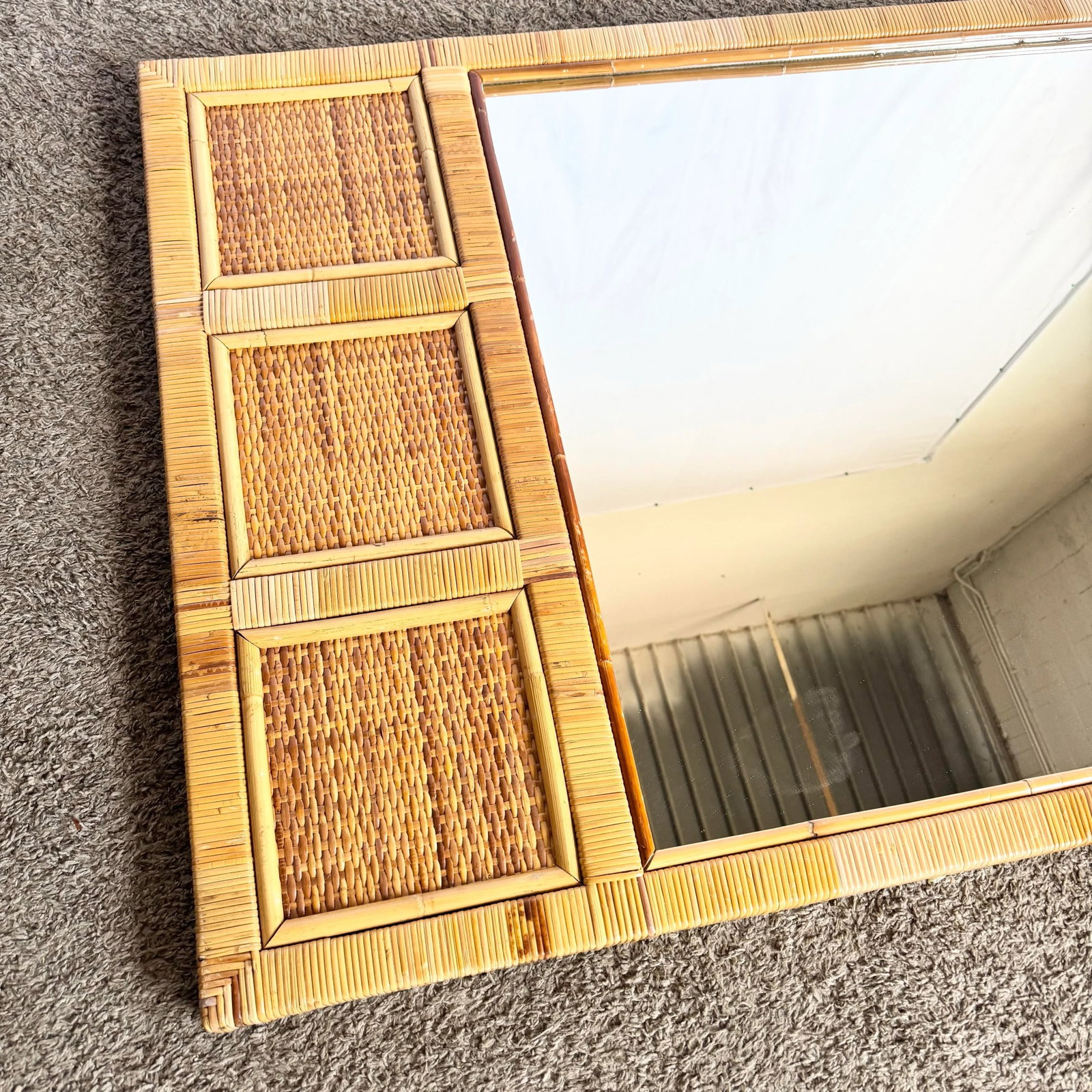 Vintage Boho Coastal Wicker Paneled Wall Mirror - 4