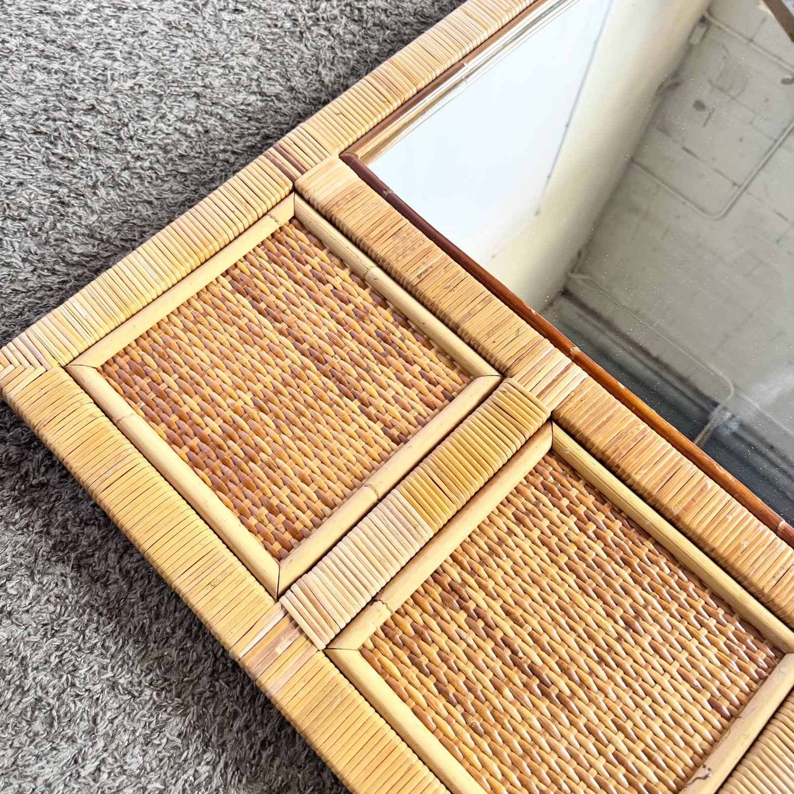 Vintage Boho Coastal Wicker Paneled Wall Mirror - 6