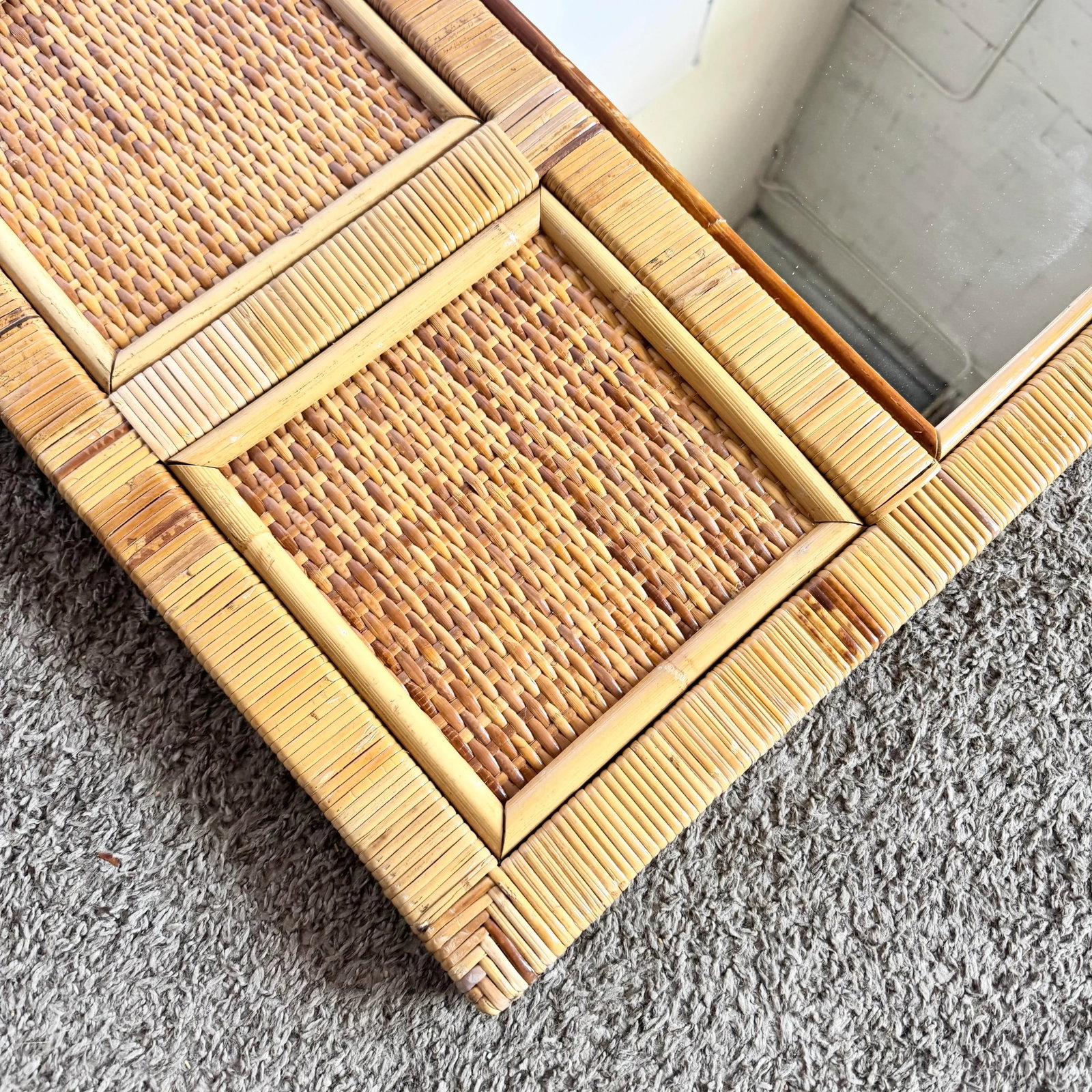 Vintage Boho Coastal Wicker Paneled Wall Mirror - 7