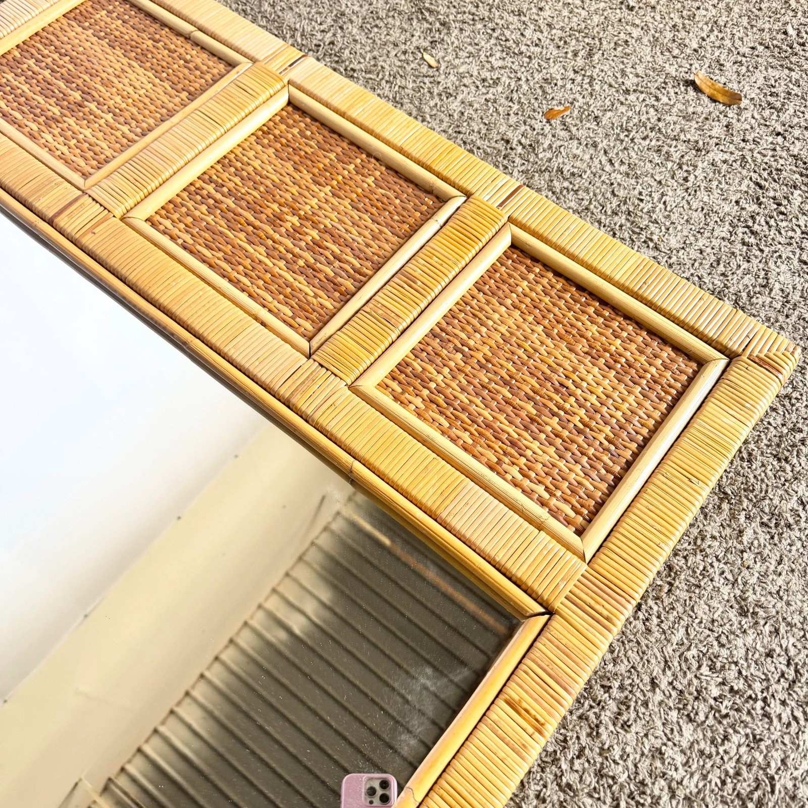 Vintage Boho Coastal Wicker Paneled Wall Mirror - 8