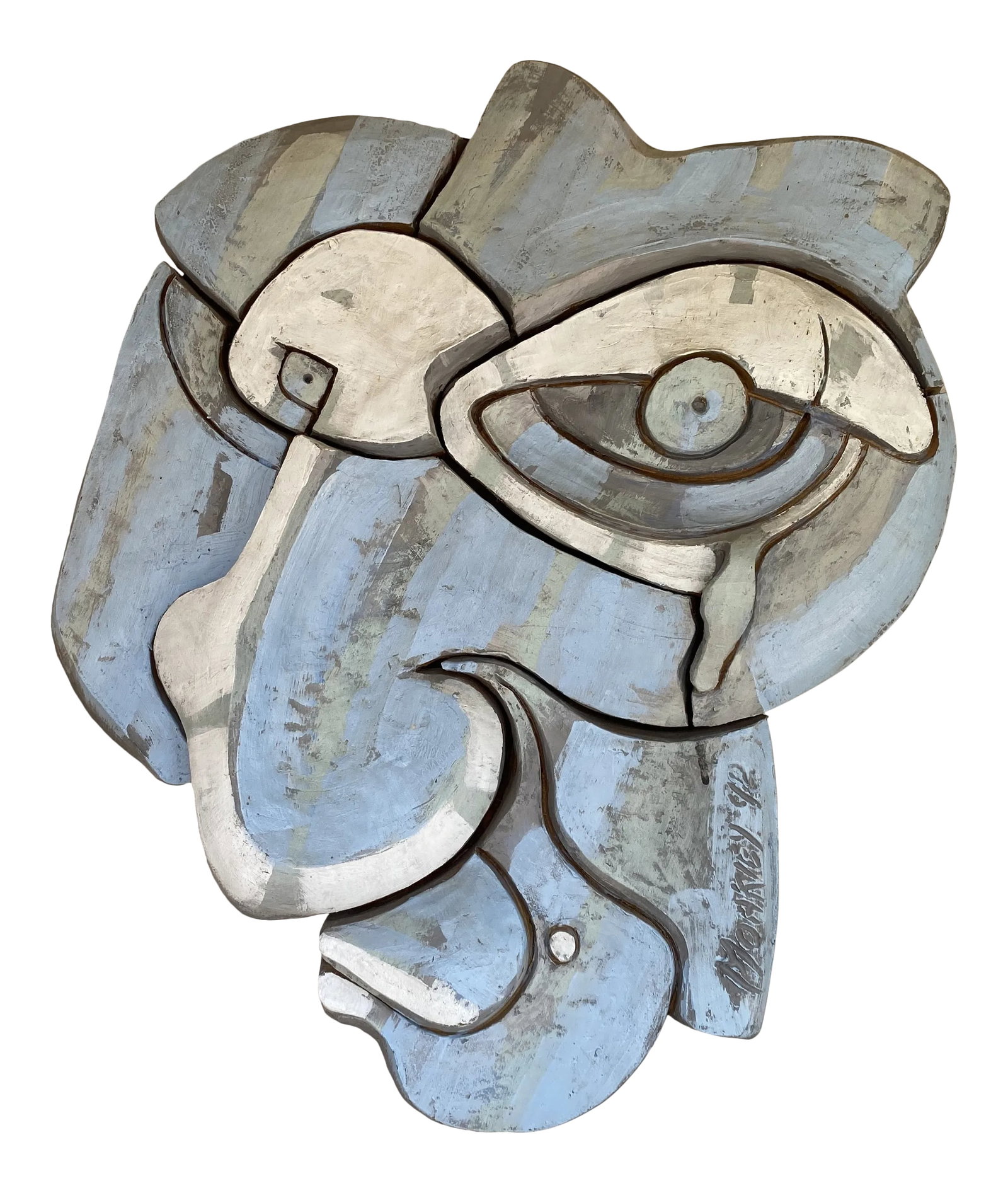 Picasso Style Ceramic Sculptural Wall Plaque: Painted ceramic. Backed by wood panel. Signed by artist, Moakley, 92. Purchased from Cape Cod Estate. Condition: Alterations: Original Condition Unaltered Imperfections: Some Imperfections Condition
