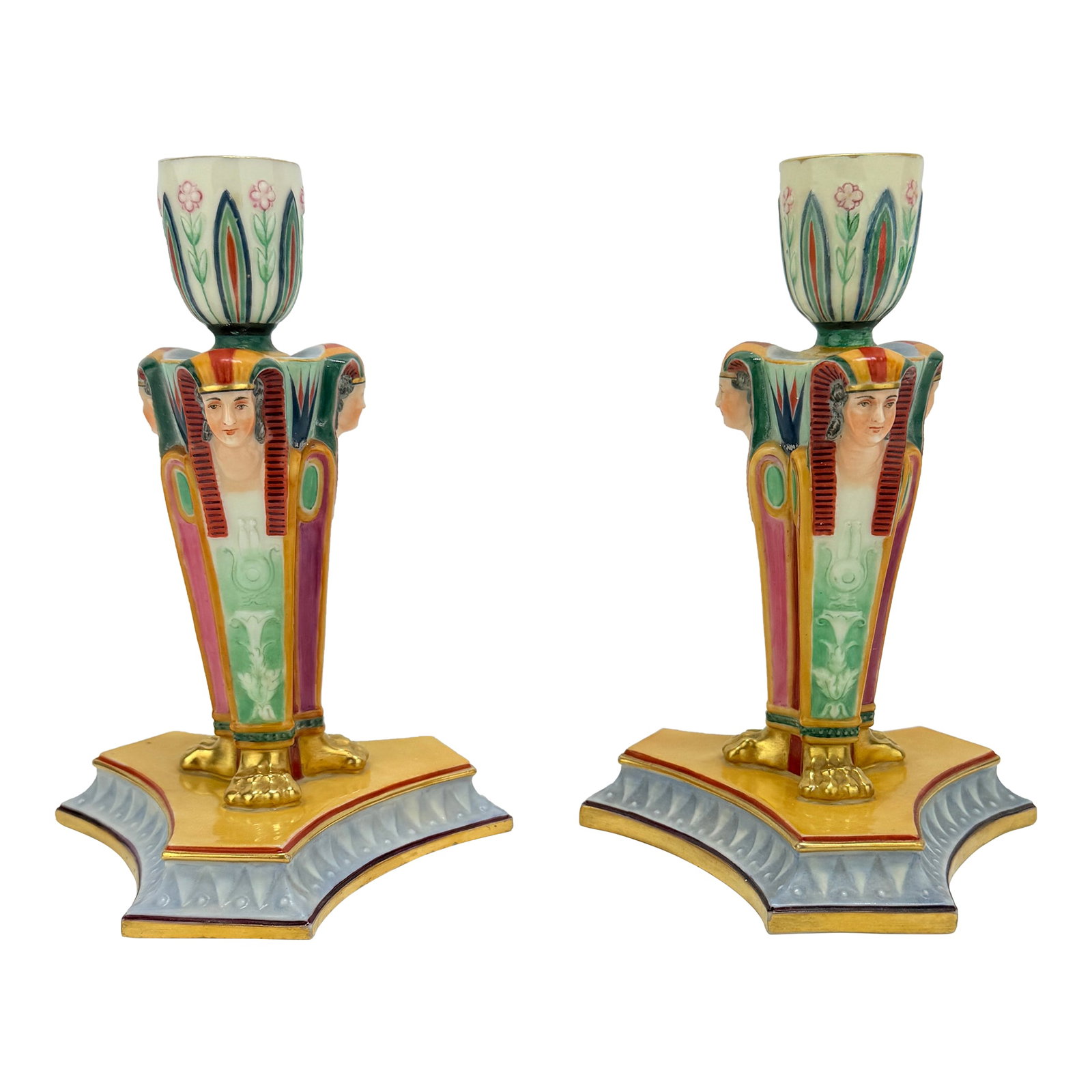 Kerr & Binns Worcester Porcelain Egyptian Revival Candlesticks, Circa 1852-1862: Pair of Egyptian Revival Porcelain Candlesticks Royal Worcester, England, circa 1852-1862 (During Kerr & Binns Aquisition) A striking pair of mid-Victorian porcelain candlesticks in the Egyptian Reviv