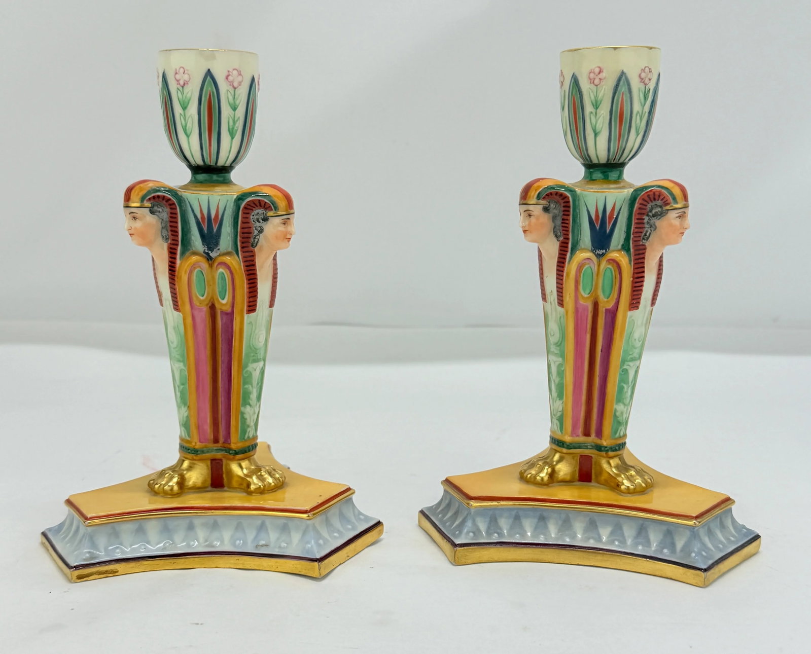 Kerr & Binns Worcester Porcelain Egyptian Revival Candlesticks, Circa 1852-1862 - 6