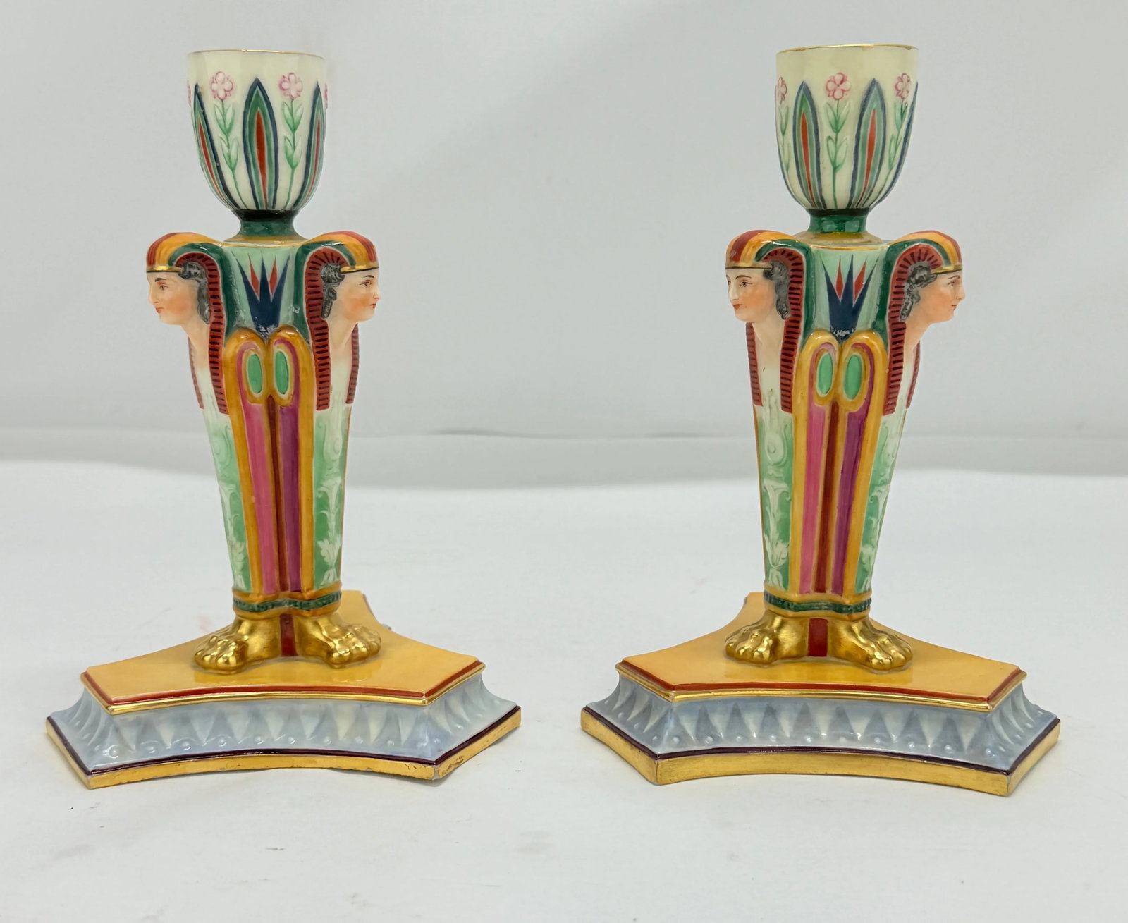Kerr & Binns Worcester Porcelain Egyptian Revival Candlesticks, Circa 1852-1862 - 7