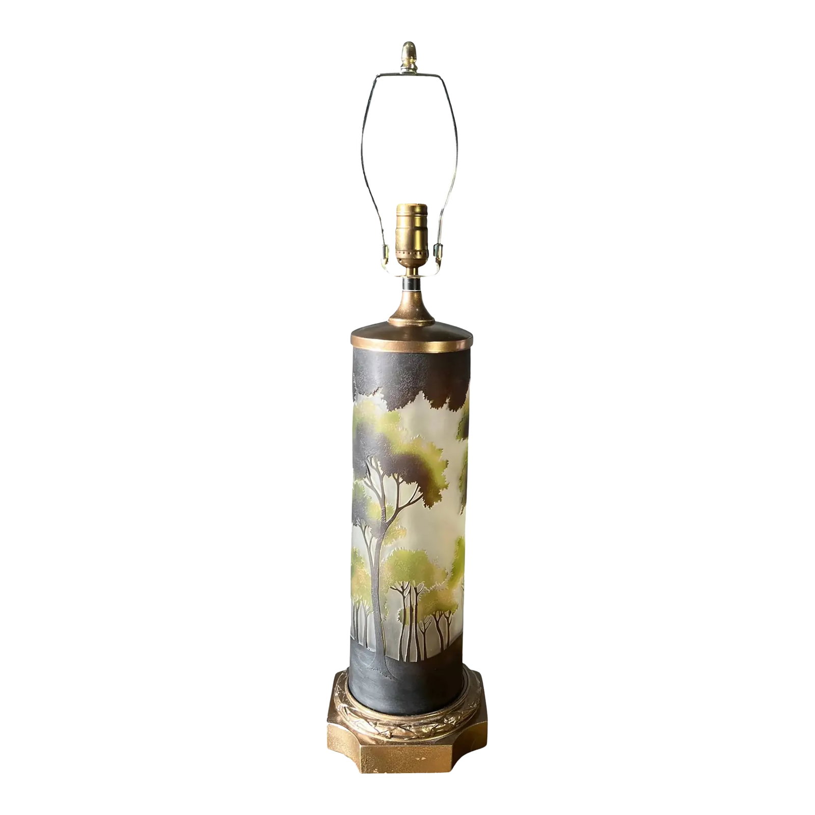 Forest Cameo Scene La Rochere Glass Table Lamp: This exquisite glass table lamp is a breathtaking blend of craftsmanship and vintage charm, created using glass from the esteemed Le Rochere company and carefully selected midcentury lamp parts. The