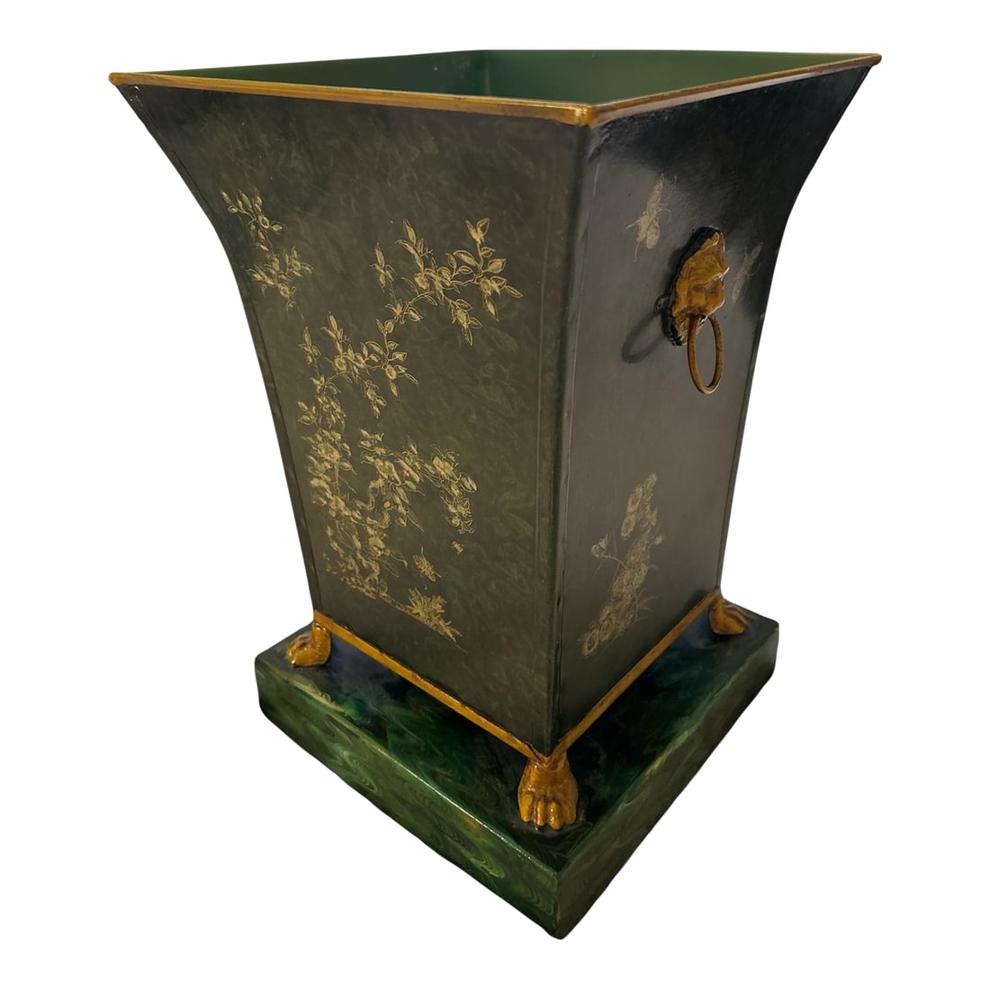 Mid Century Italian Green Hand Painted Cachepot: Fabulous Italian craftsmanship on this cachepot. One it sits on a square metal base with hand painted marbling. Then the vessel itself is footed and trimmed in gold paint. The vessel has a dark green