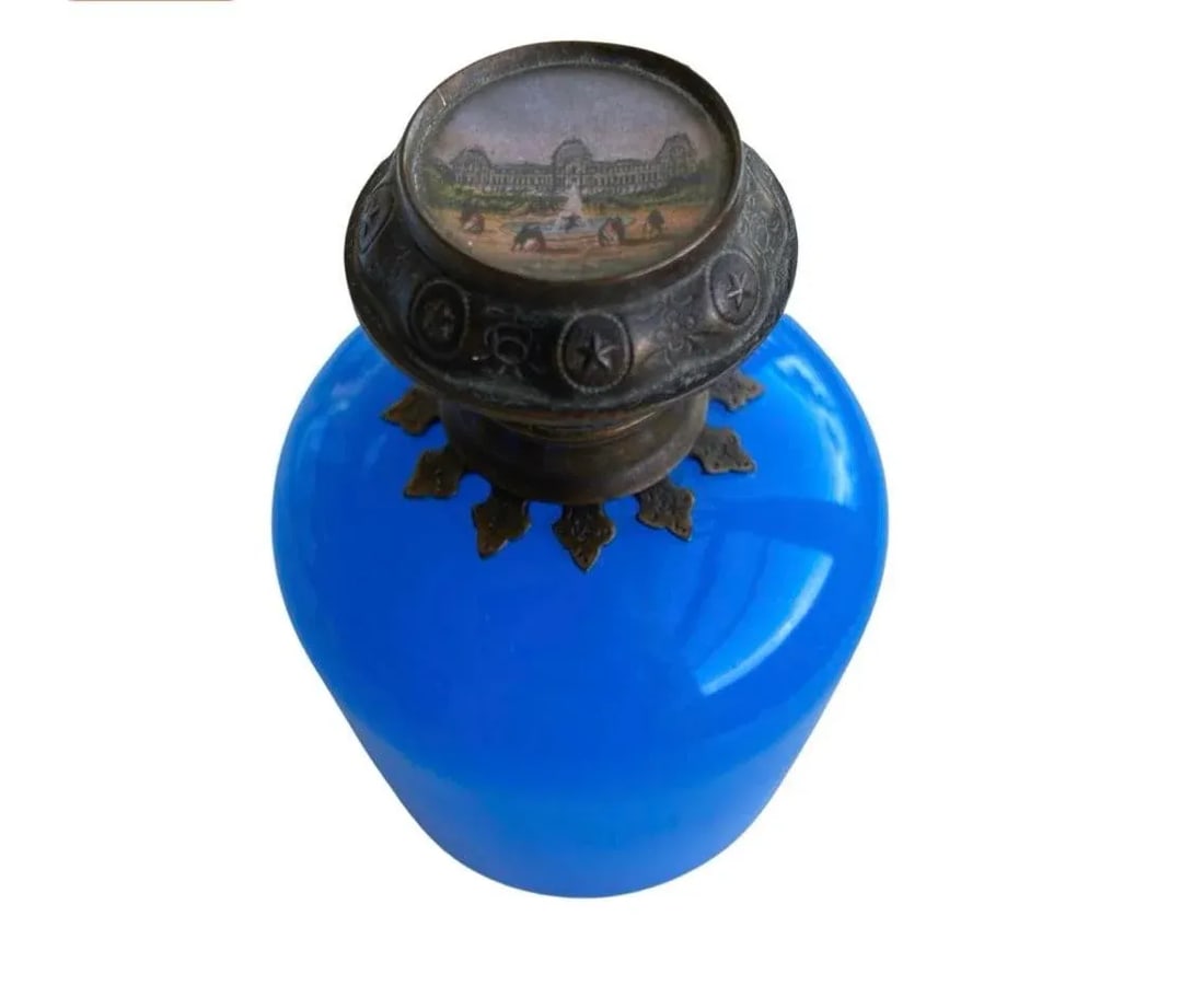 Antique French Blue Opaline Perfume Scent Bottle With Miniature Louvre Painting, Circa 1850, Perfume - 10