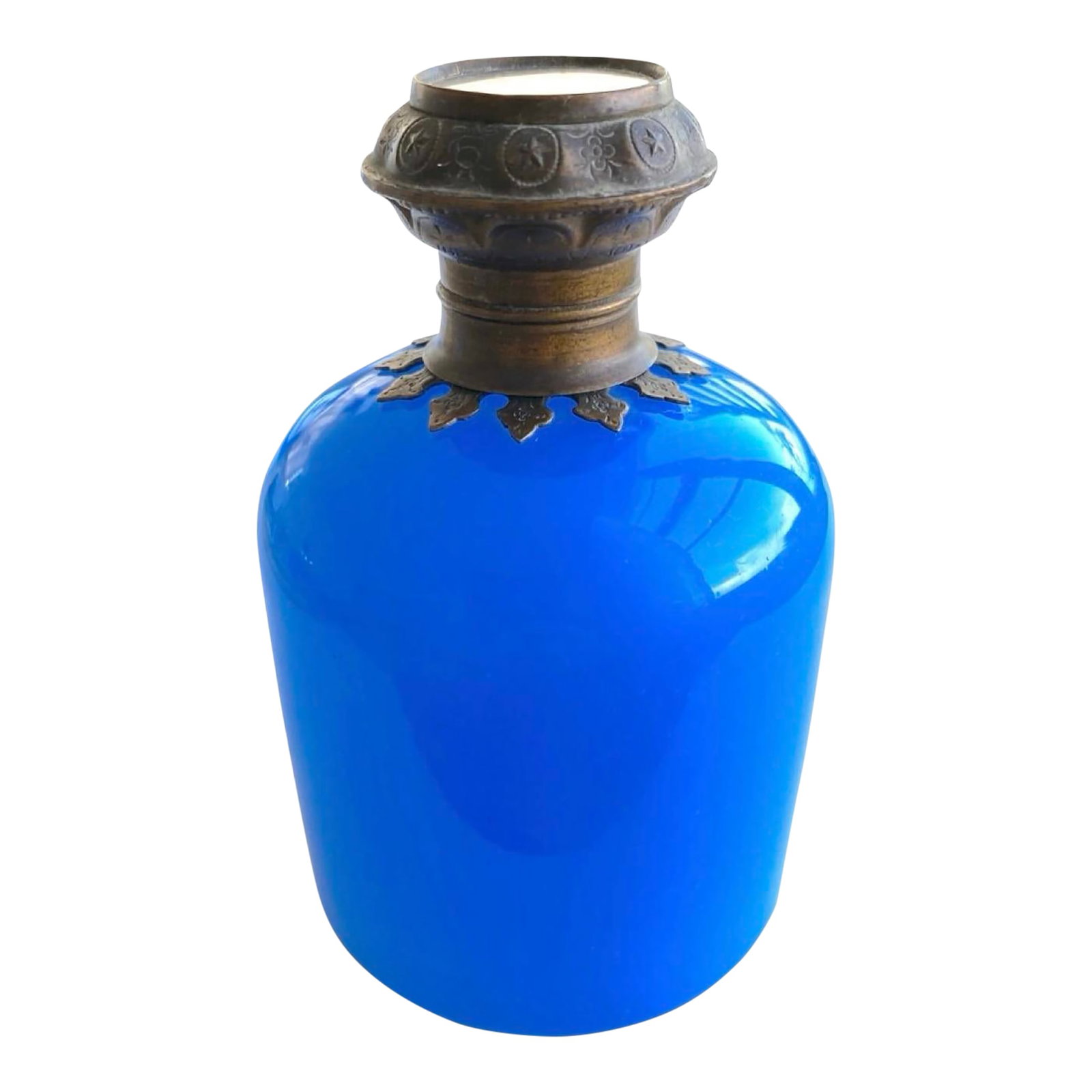 Antique French Blue Opaline Perfume Scent Bottle With Miniature Louvre Painting, Circa 1850, Perfume: This exquisite 19th-century French scent bottle is a rare treasure of Parisian artistry. Hand-blown from luminous blue opaline glass, its brilliant hue and flawless form are matched only by the
