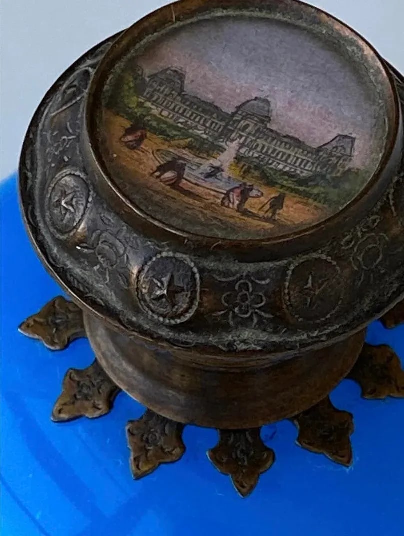 Antique French Blue Opaline Perfume Scent Bottle With Miniature Louvre Painting, Circa 1850, Perfume - 6