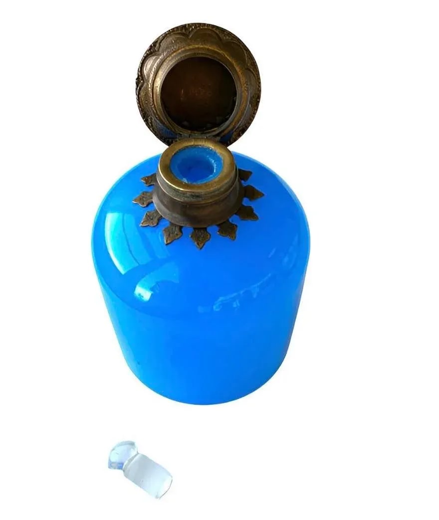 Antique French Blue Opaline Perfume Scent Bottle With Miniature Louvre Painting, Circa 1850, Perfume - 7