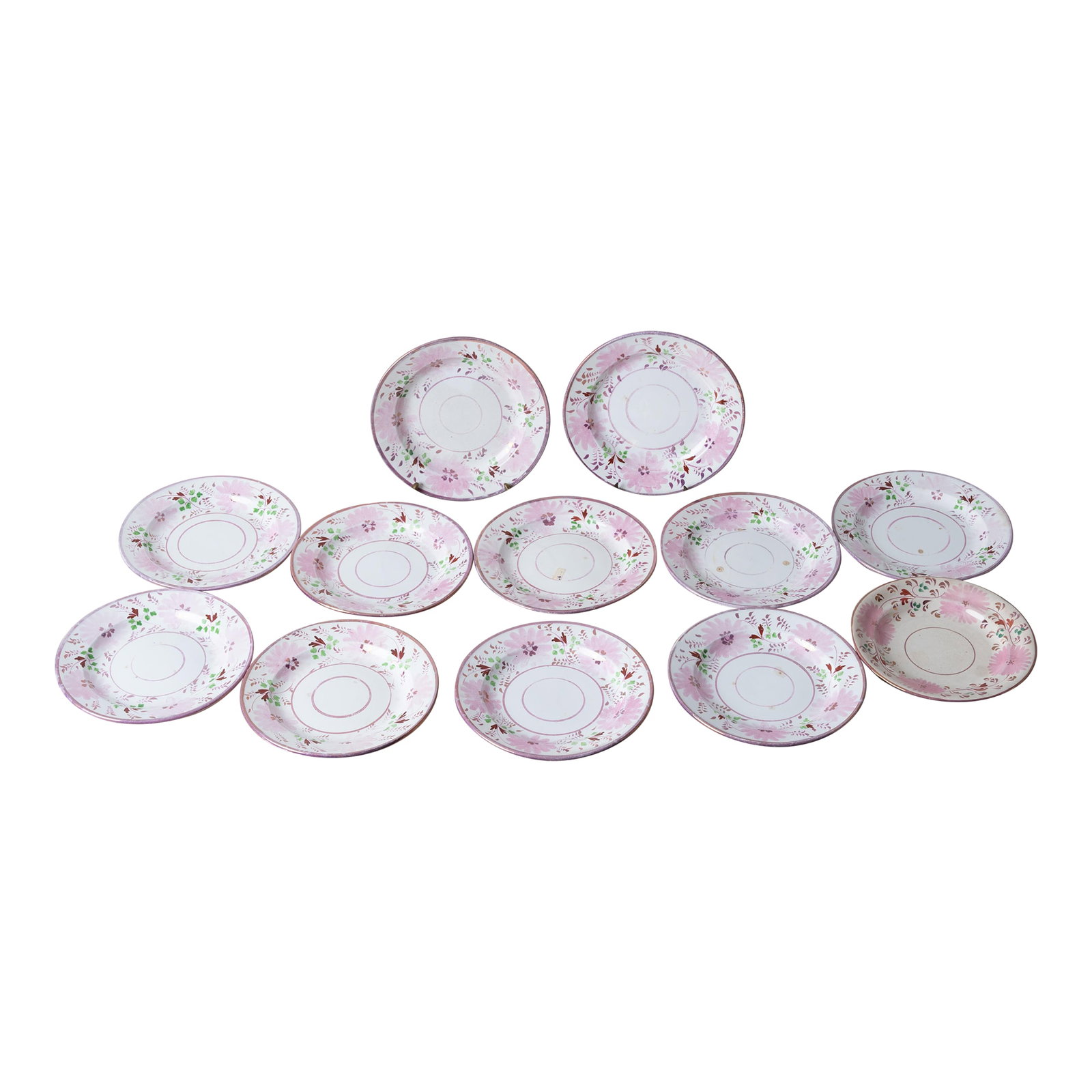 Bailey & Harvey Staffordshire Pink Lustre Saucers - Set of 12: Set of twelve Bailey & Harvey Staffordshire pink lustre saucers, circa 1830. 7 3/4 inches wide by 3/4 inches tall Condition: Alterations: Original Condition Unaltered Imperfections: Some
