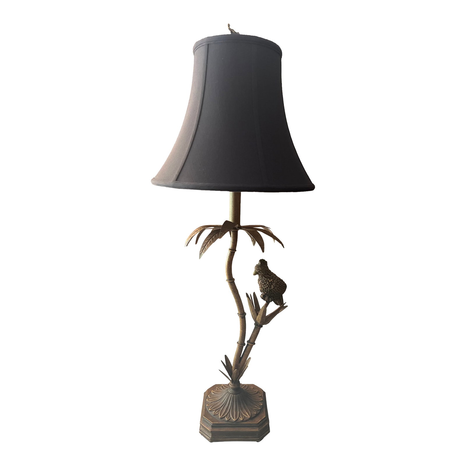 Mid 20th Century Berman Table Lamp With Parrot and Palm Leaves: MCM Berman Table Lamp With Parrot and Palm Leaves Includes black shade with gold colored liner Lanp is 36" with Elephant finial SHade is 14" wide at base Lamp base is about 7"x7" 'BERMAN' etched insid