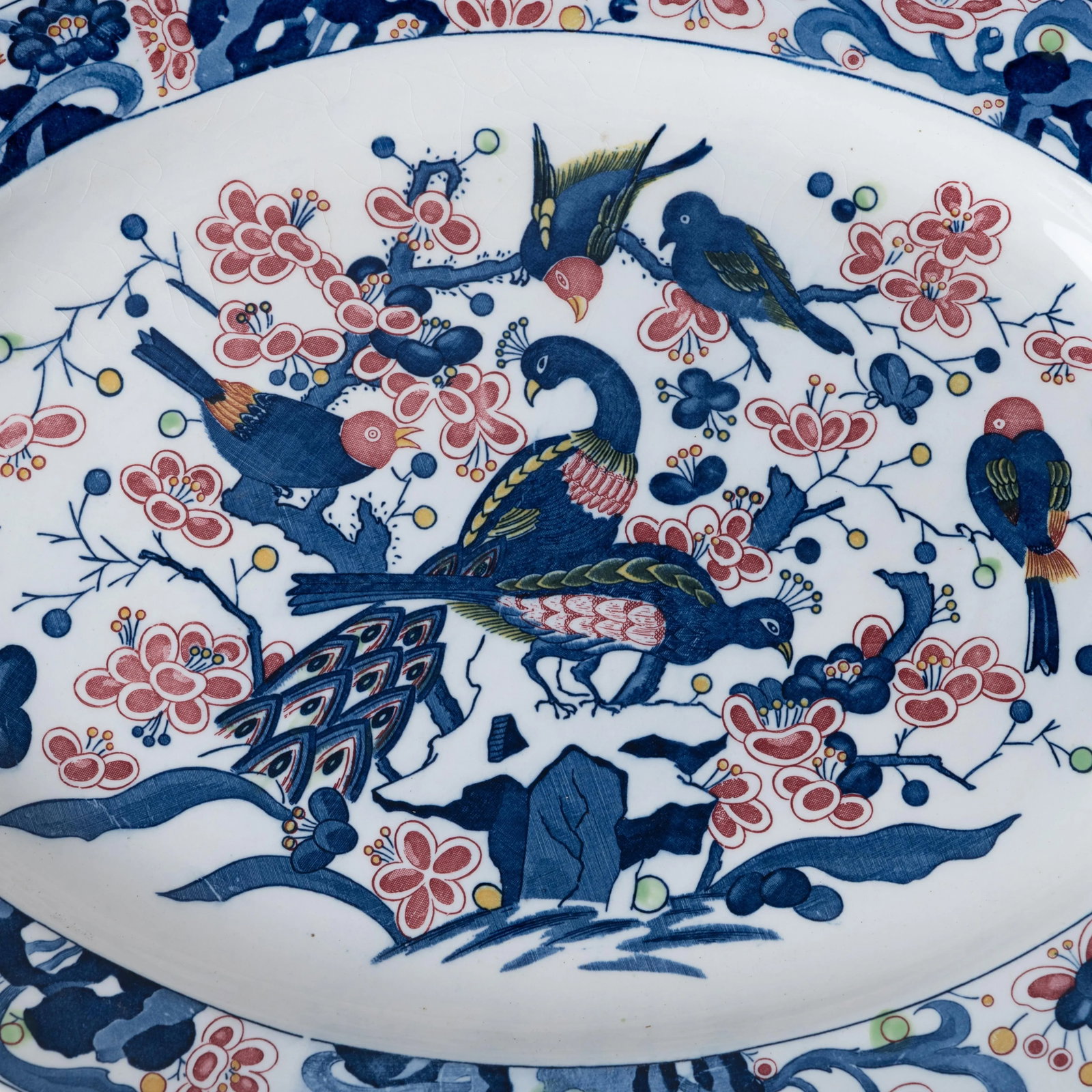 Japanese Blue and White Transferware Bird Scene Oval Platter - 2