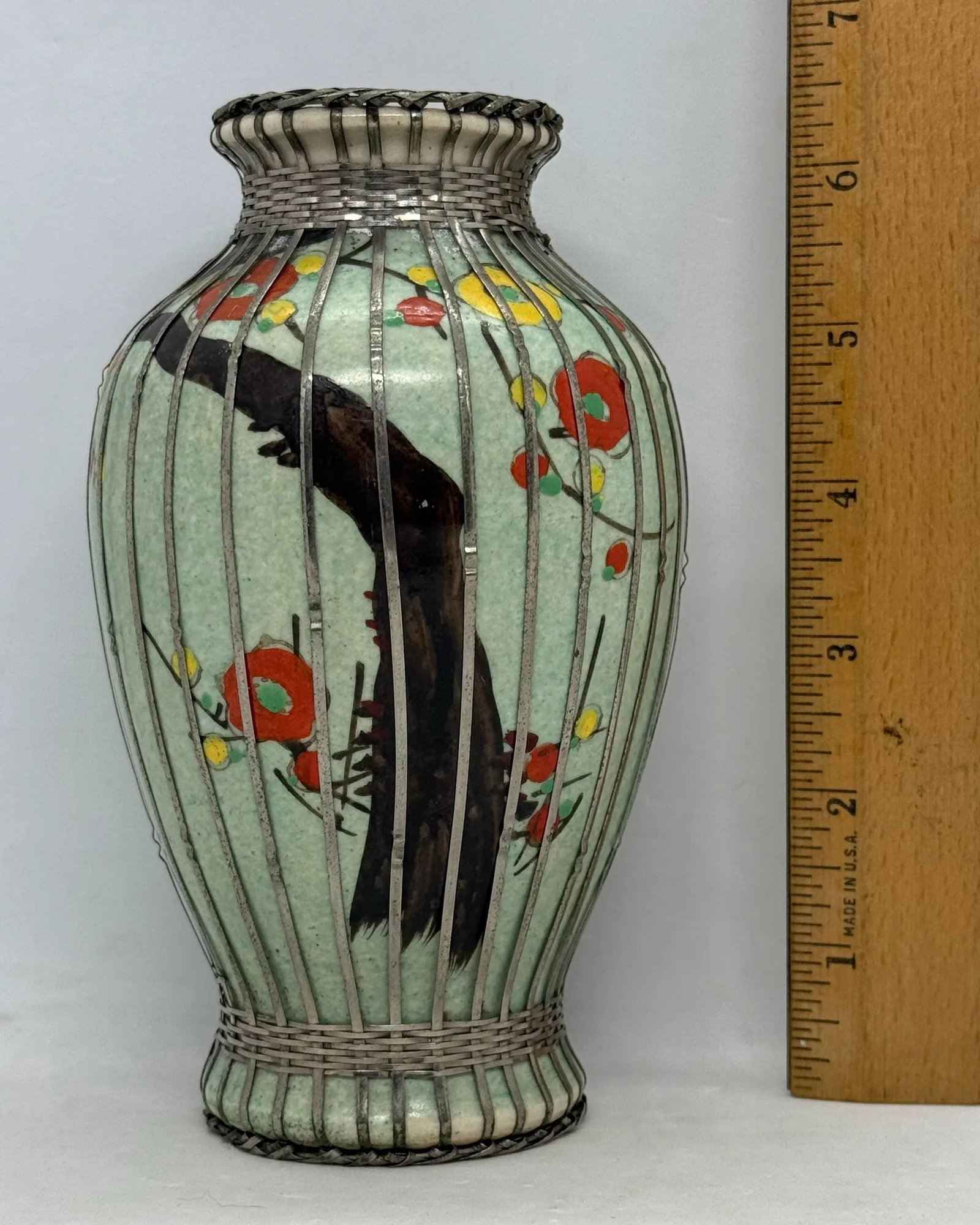 Mid 20th Century Japanese Silver Wire Wrapped Hand Painted Pottery Vase With Multicolored Floral Des - 10
