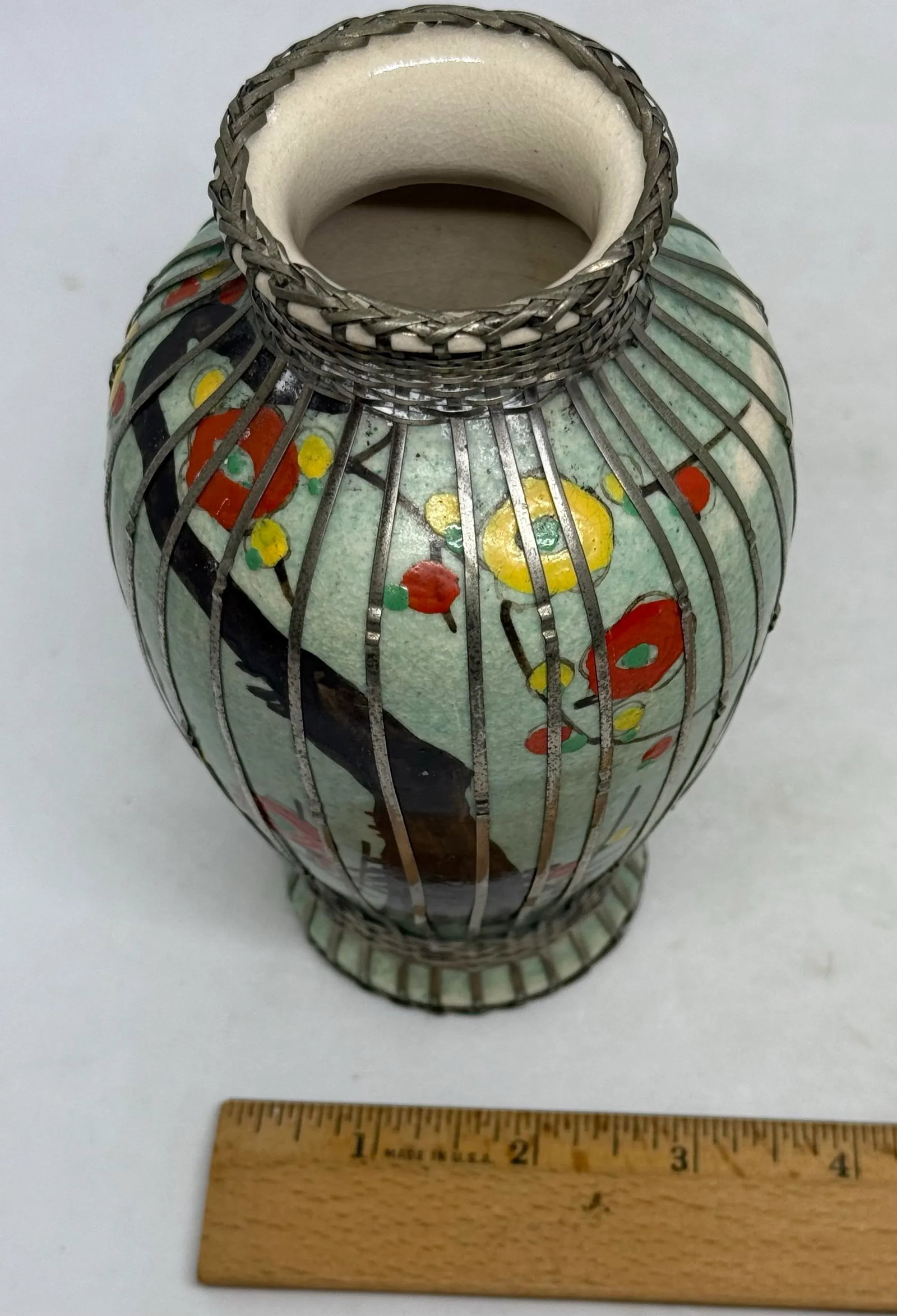 Mid 20th Century Japanese Silver Wire Wrapped Hand Painted Pottery Vase With Multicolored Floral Des - 11