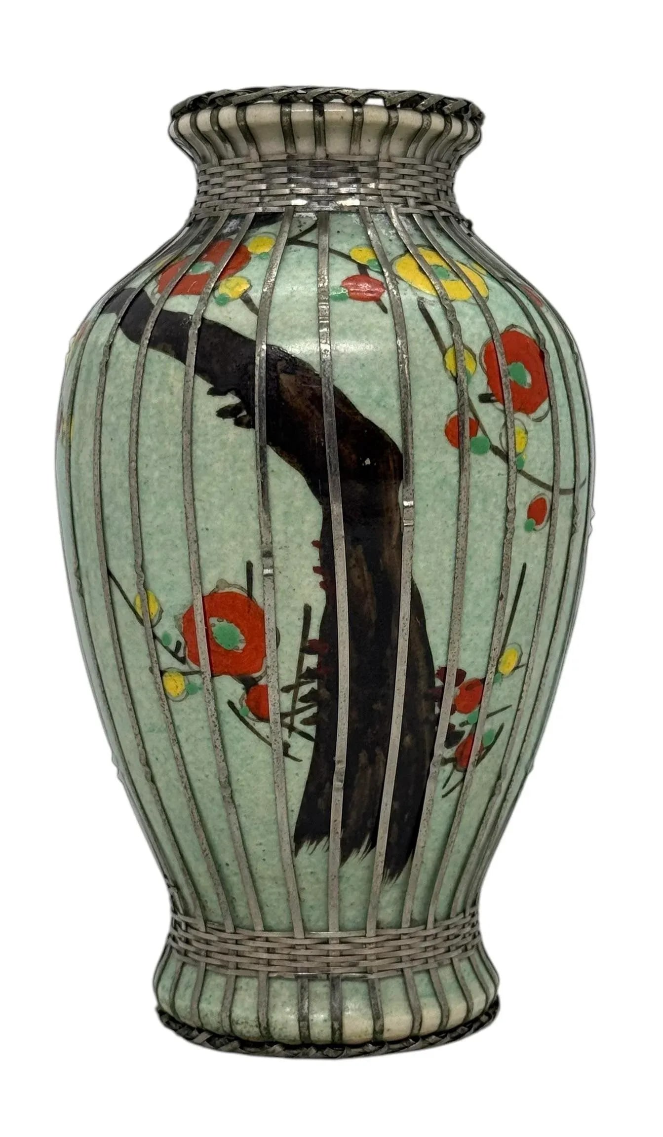 Mid 20th Century Japanese Silver Wire Wrapped Hand Painted Pottery Vase With Multicolored Floral Des - 12