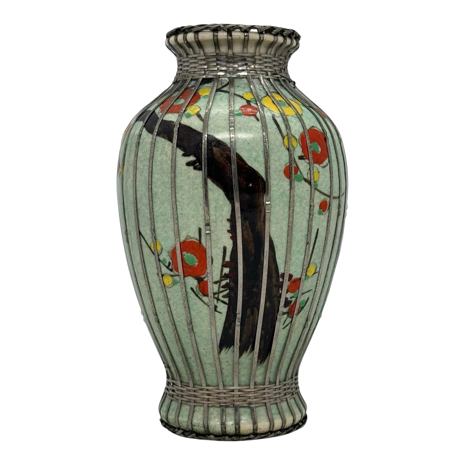 Mid 20th Century Japanese Silver Wire Wrapped Hand Painted Pottery Vase With Multicolored Floral Des: Vintage Mid 20th Century Japanese Silver Wire Wrapped Hand Painted Pottery Vase. Elevate your home decor with this exquisite Mid 20th Century Japanese Silver Wire Wrapped Pottery Vase, featuring a stu