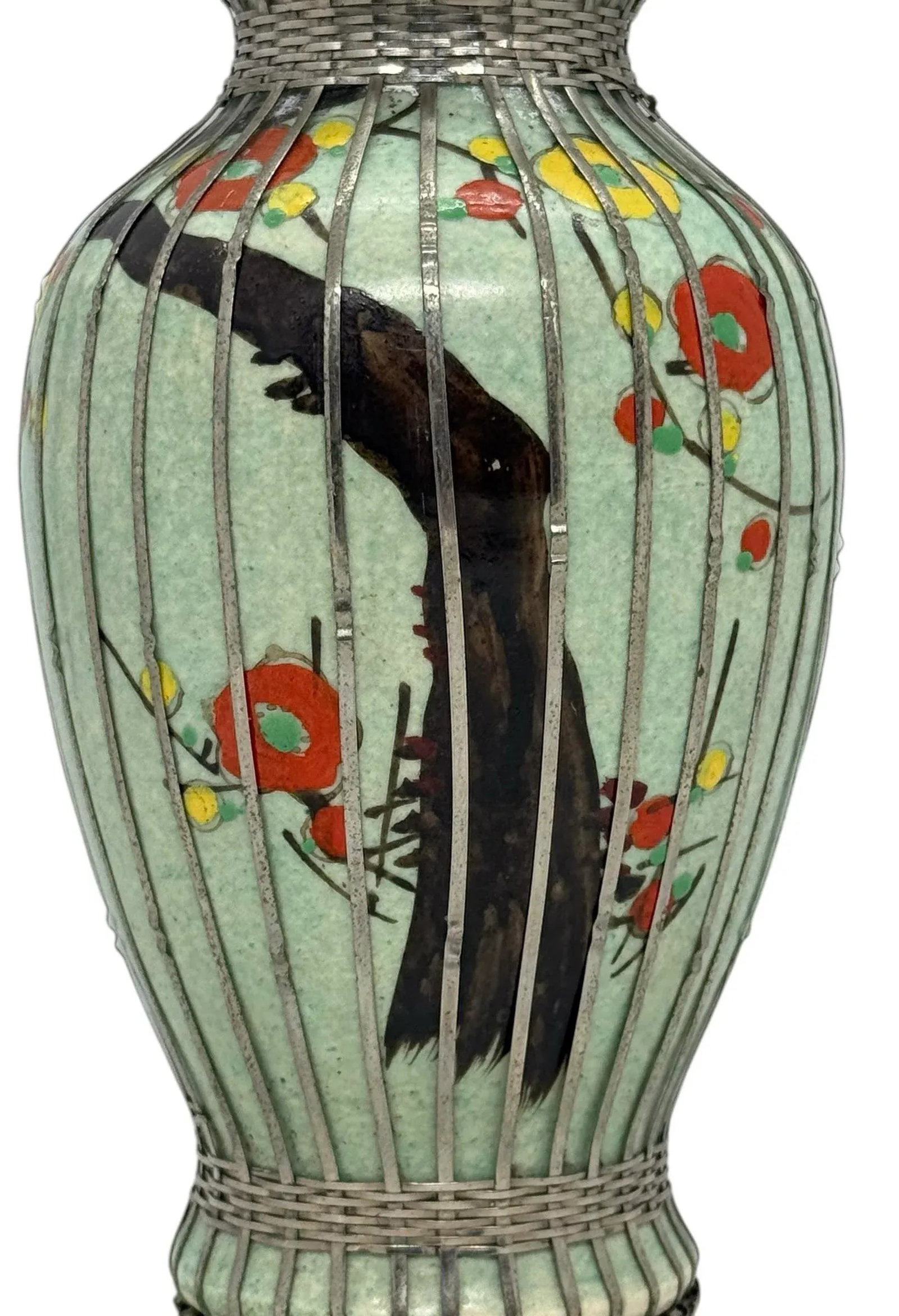 Mid 20th Century Japanese Silver Wire Wrapped Hand Painted Pottery Vase With Multicolored Floral Des - 2