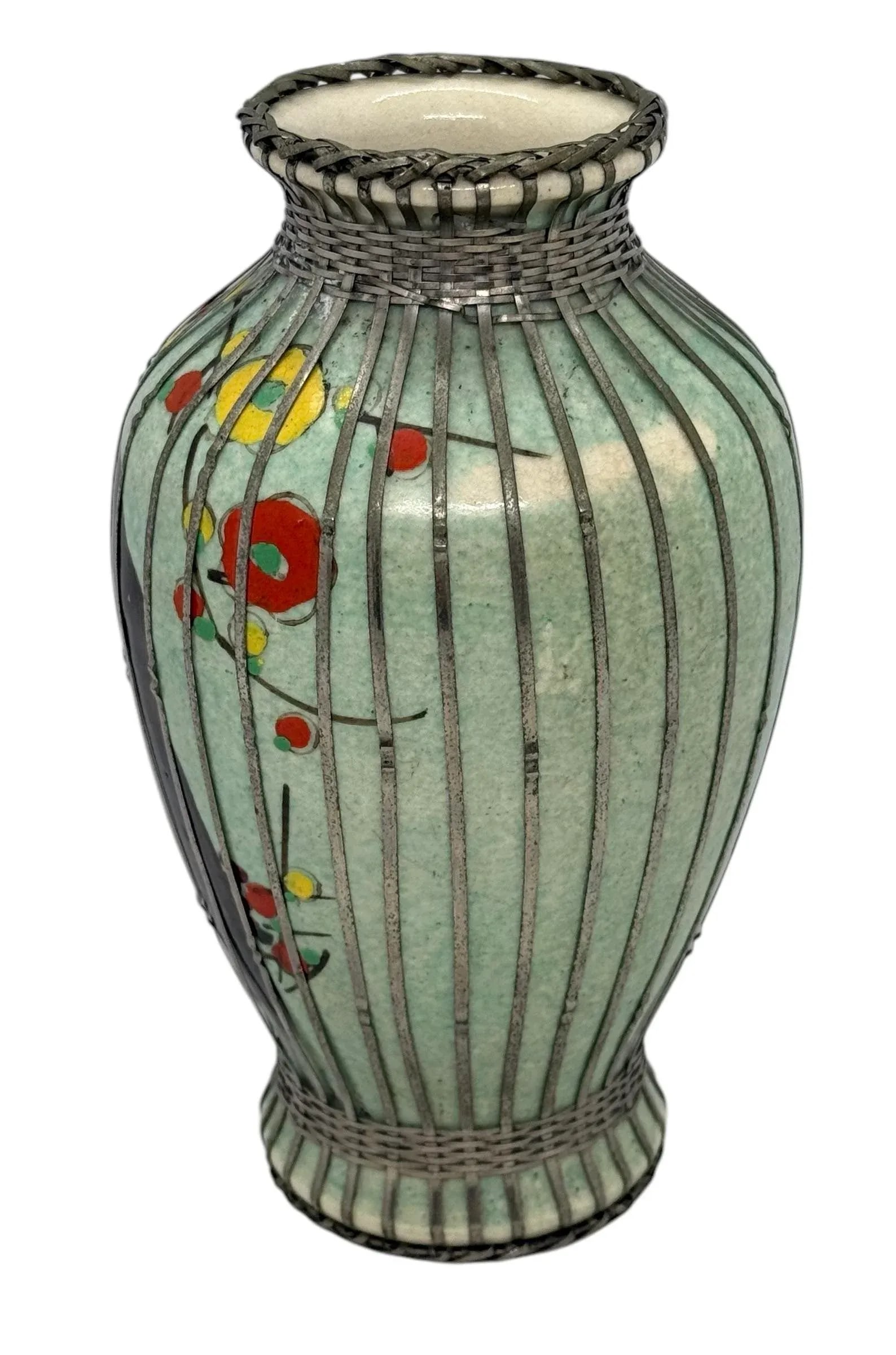 Mid 20th Century Japanese Silver Wire Wrapped Hand Painted Pottery Vase With Multicolored Floral Des - 3