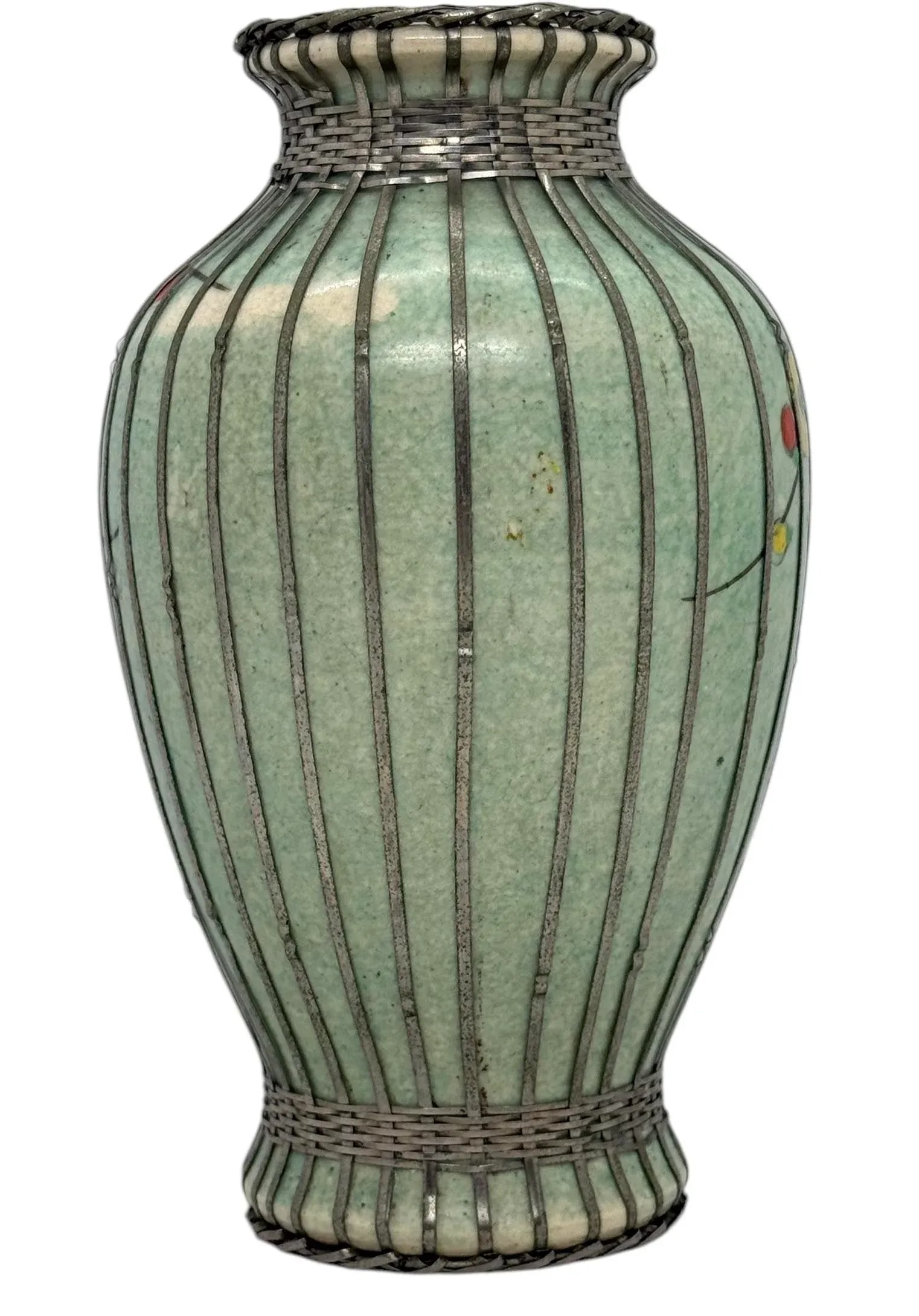 Mid 20th Century Japanese Silver Wire Wrapped Hand Painted Pottery Vase With Multicolored Floral Des - 4