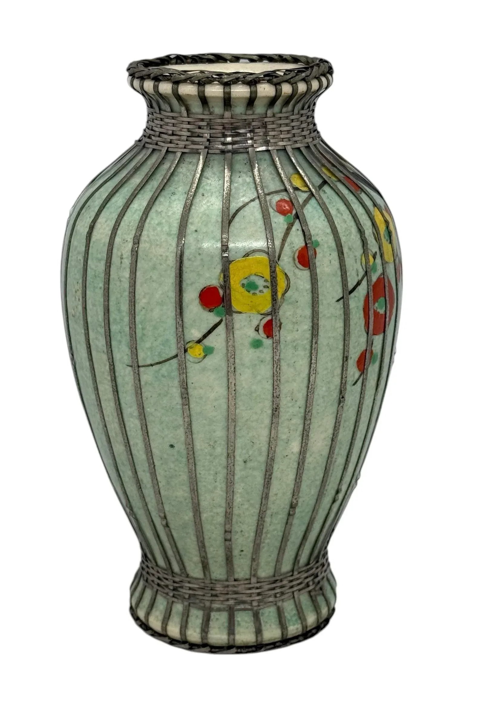 Mid 20th Century Japanese Silver Wire Wrapped Hand Painted Pottery Vase With Multicolored Floral Des - 5