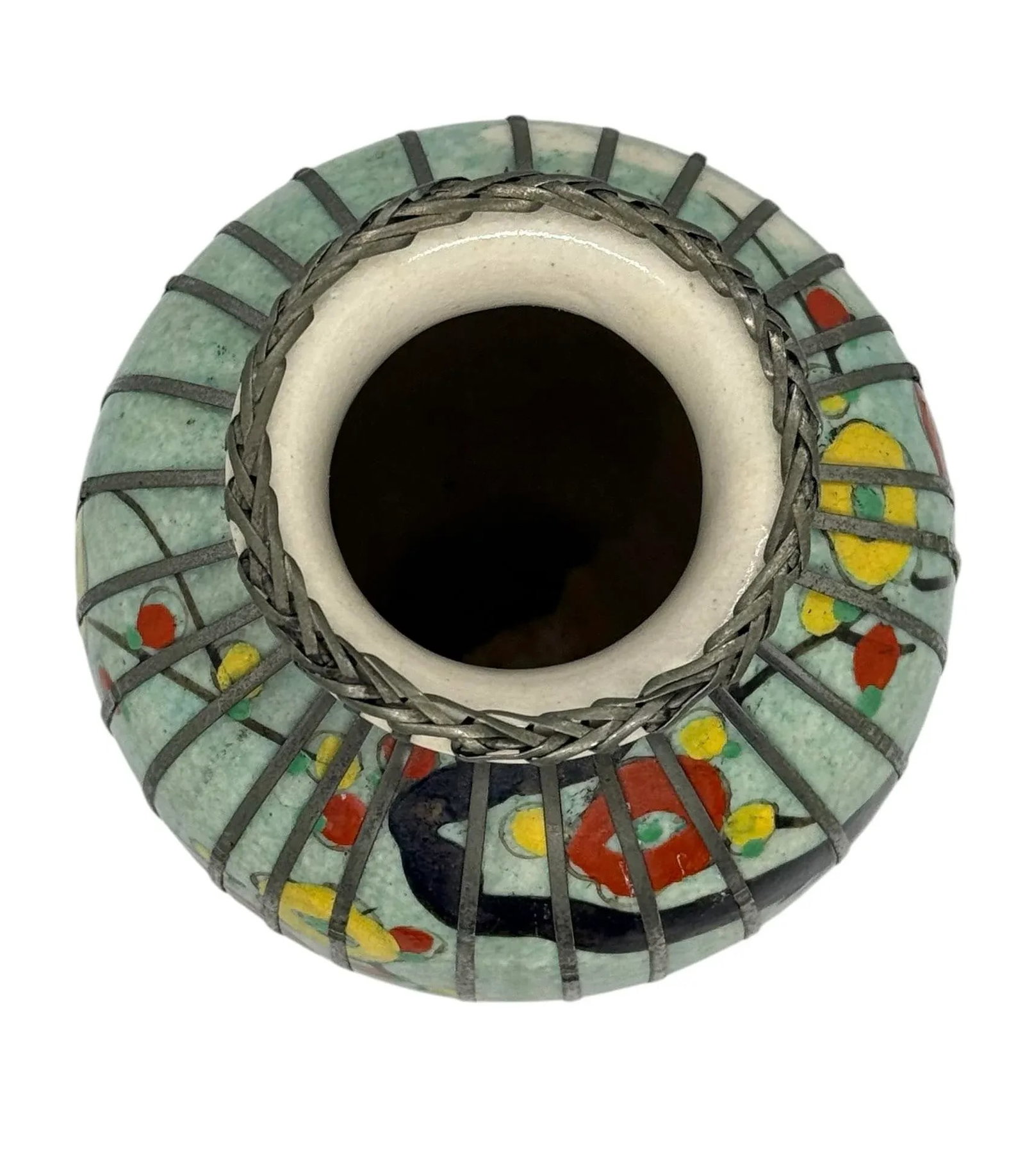 Mid 20th Century Japanese Silver Wire Wrapped Hand Painted Pottery Vase With Multicolored Floral Des - 6