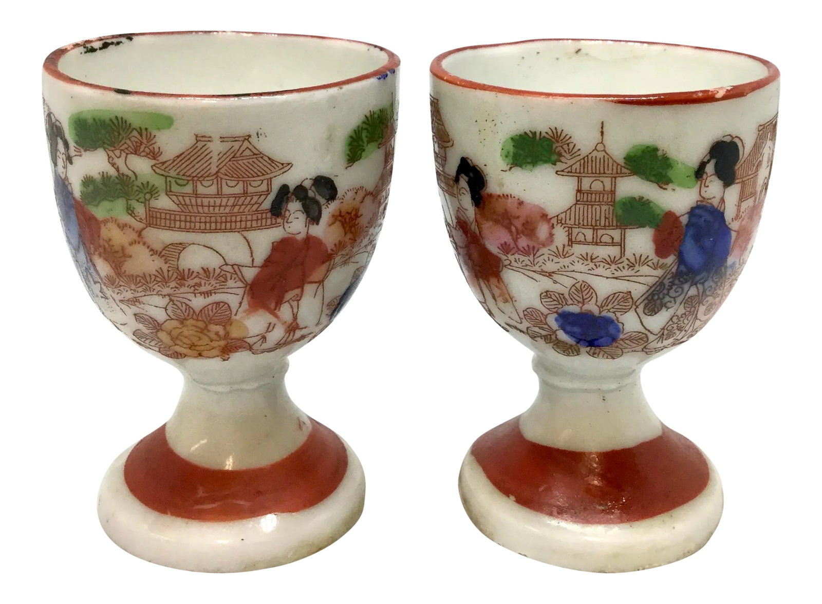 Late 19th Century Polychrome Japanese Meiji Period Kutani Sake Cups a - a Pair: Nicely detailed with scenes of gardens, temples, and geisha. Tiny small flea-bite on one rim of one cup, but can only find it under magnifying. In wonderful antique condition for the age. Measurement