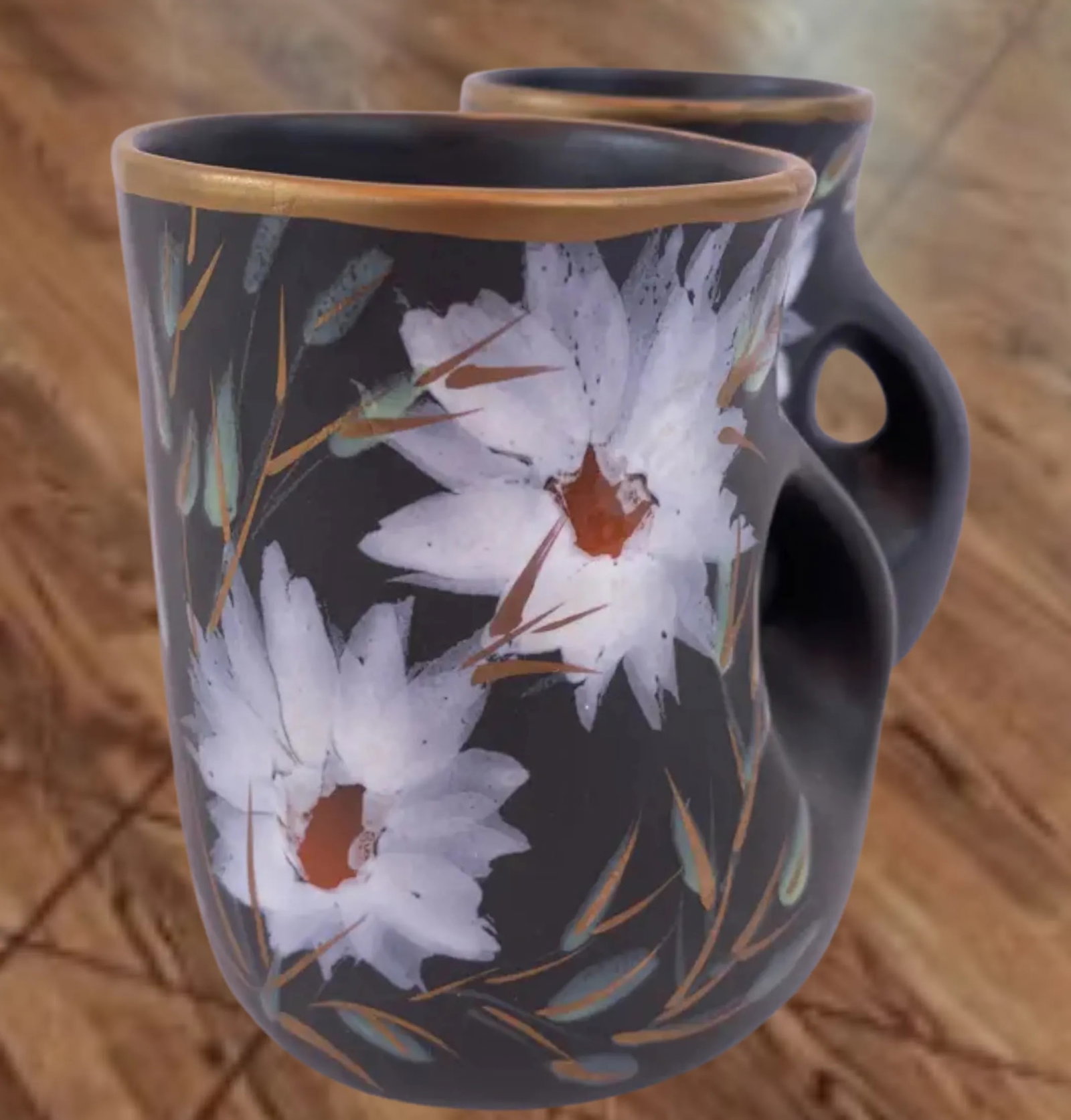 Mid-Century Vallauris Black White Floral Blossoms Terracotta Mugs- A Pair - 11