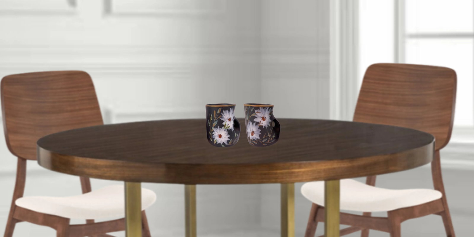 Mid-Century Vallauris Black White Floral Blossoms Terracotta Mugs- A Pair - 12