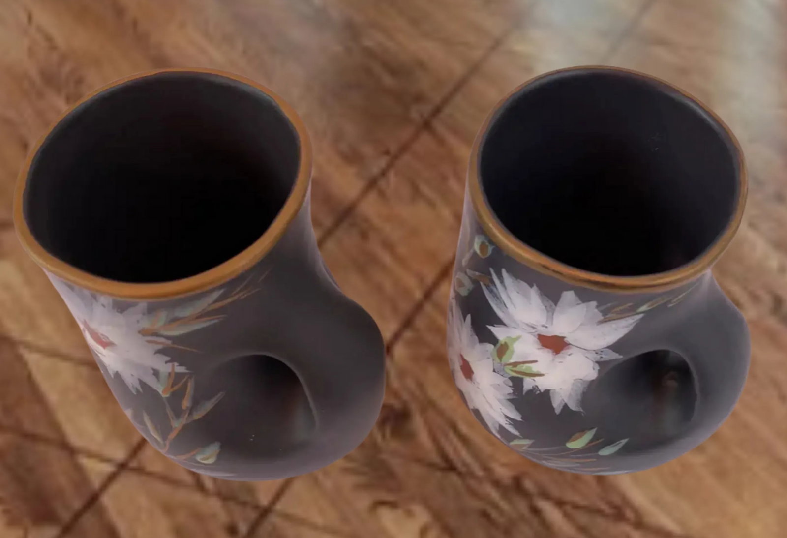 Mid-Century Vallauris Black White Floral Blossoms Terracotta Mugs- A Pair - 16