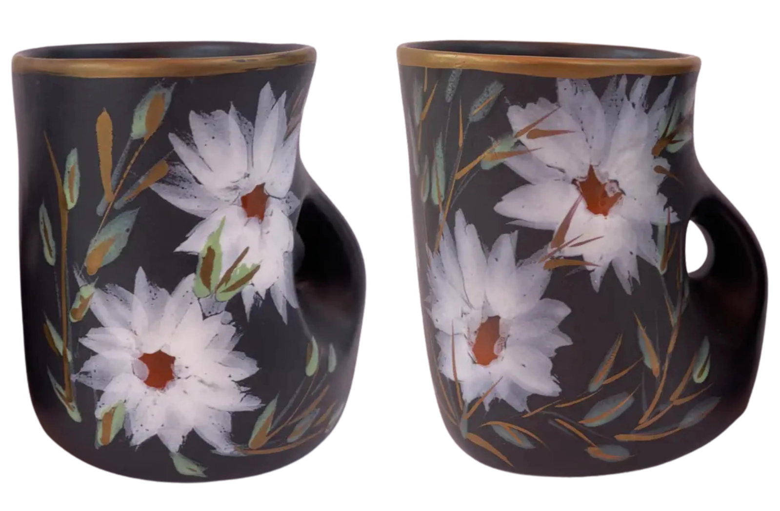 Mid-Century Vallauris Black White Floral Blossoms Terracotta Mugs- A Pair - 4