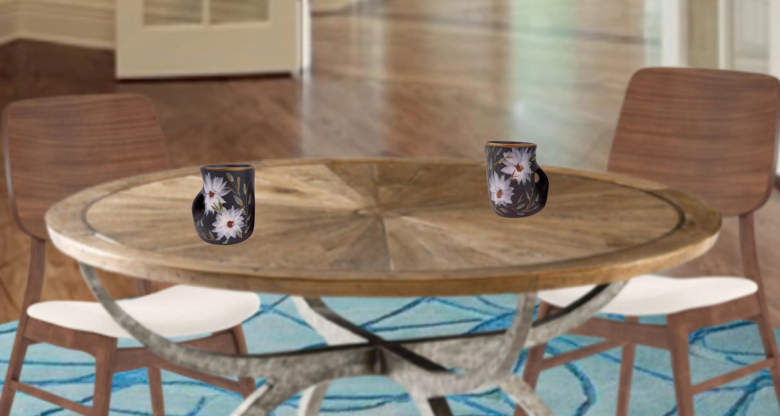 Mid-Century Vallauris Black White Floral Blossoms Terracotta Mugs- A Pair - 5