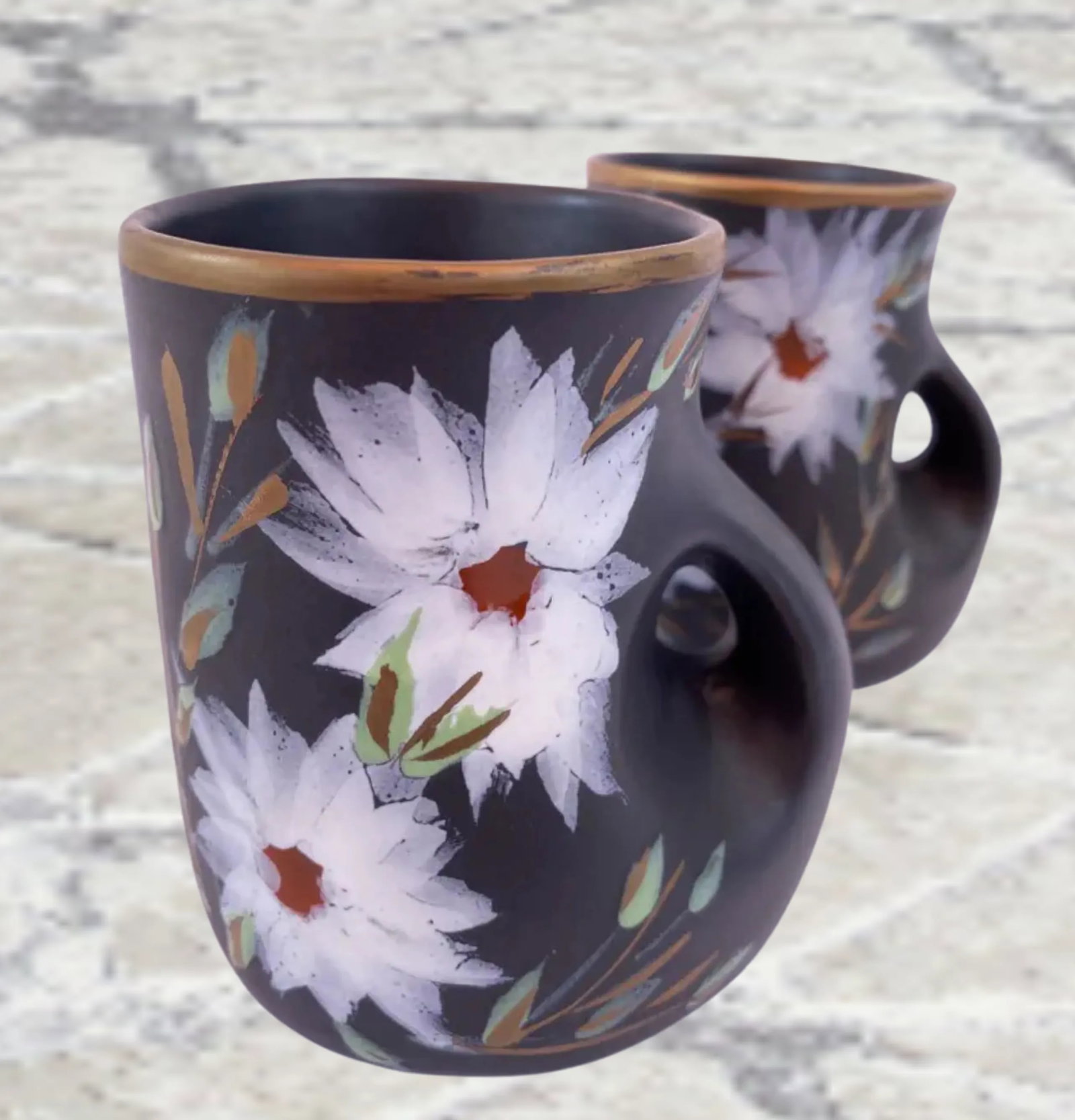 Mid-Century Vallauris Black White Floral Blossoms Terracotta Mugs- A Pair - 8