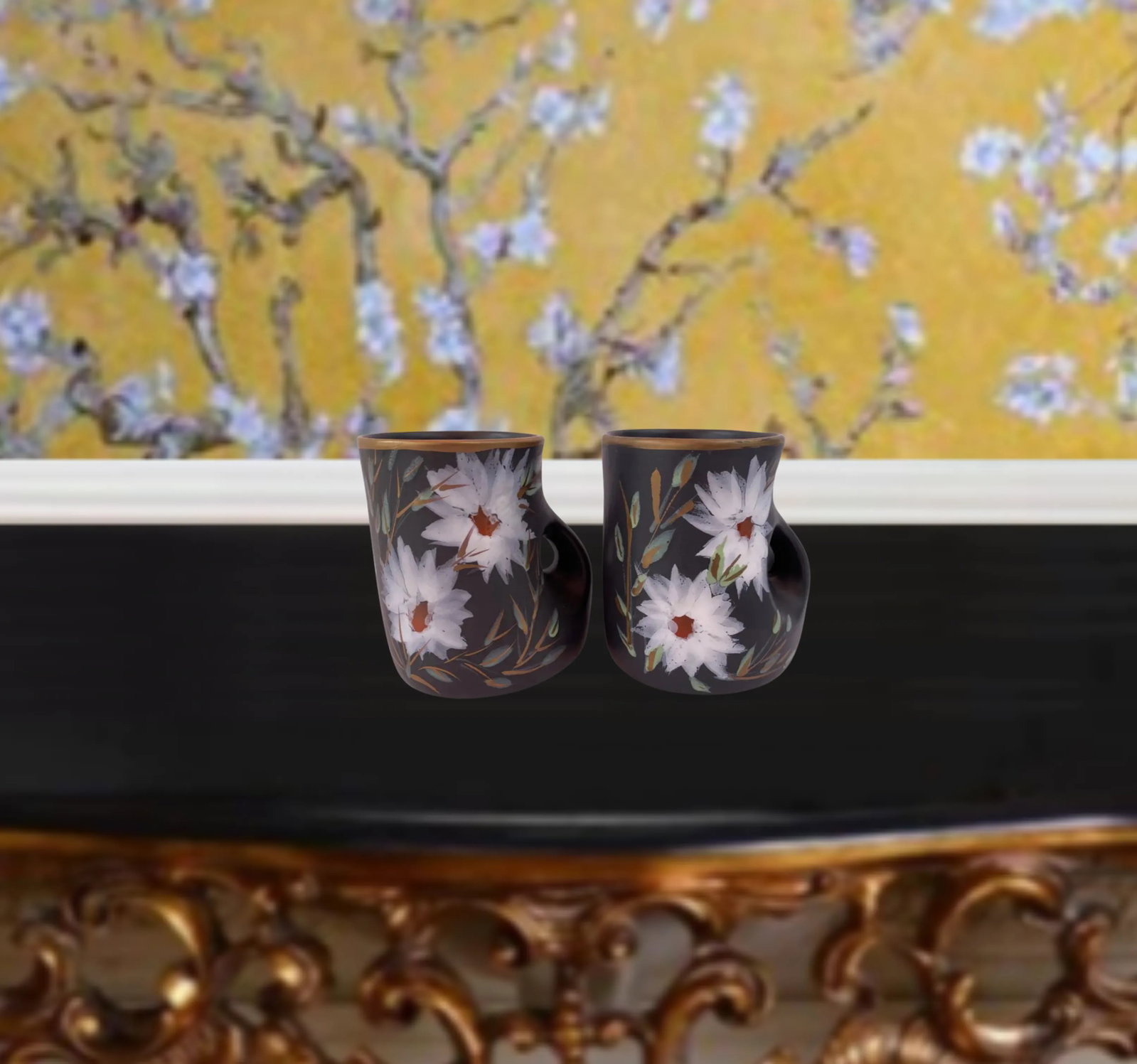 Mid-Century Vallauris Black White Floral Blossoms Terracotta Mugs- A Pair - 9