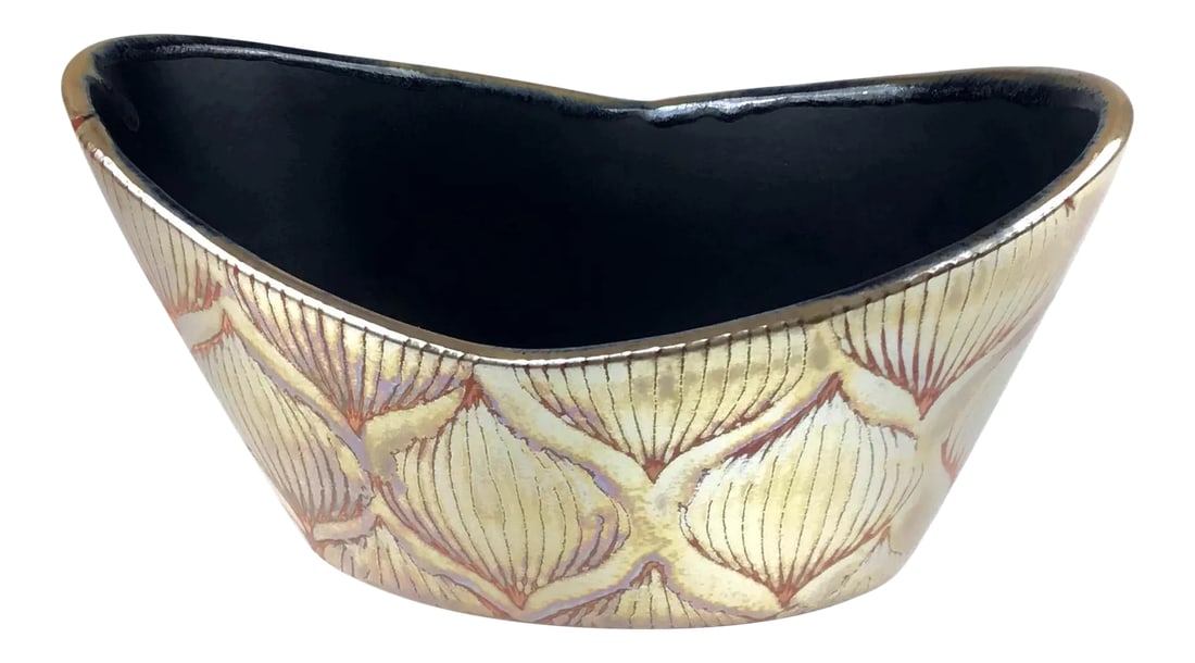 Vintage Golden Glazed Artisan Planter: A very unusual design and glaze. Use this cool tub for anything you like. Large enough for a planter, or place it in the guest room for spare overnight toiletries. In the kitchen for a catch all or th