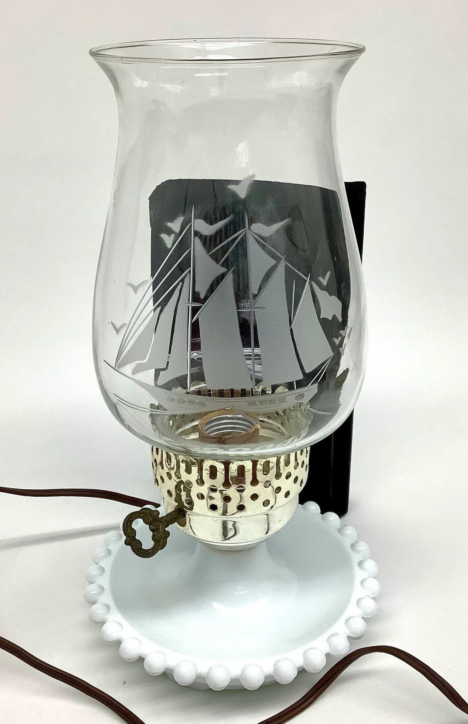 Mid Century Opaline Milk Glass Hurricane Lamp Nautical Theme - 2