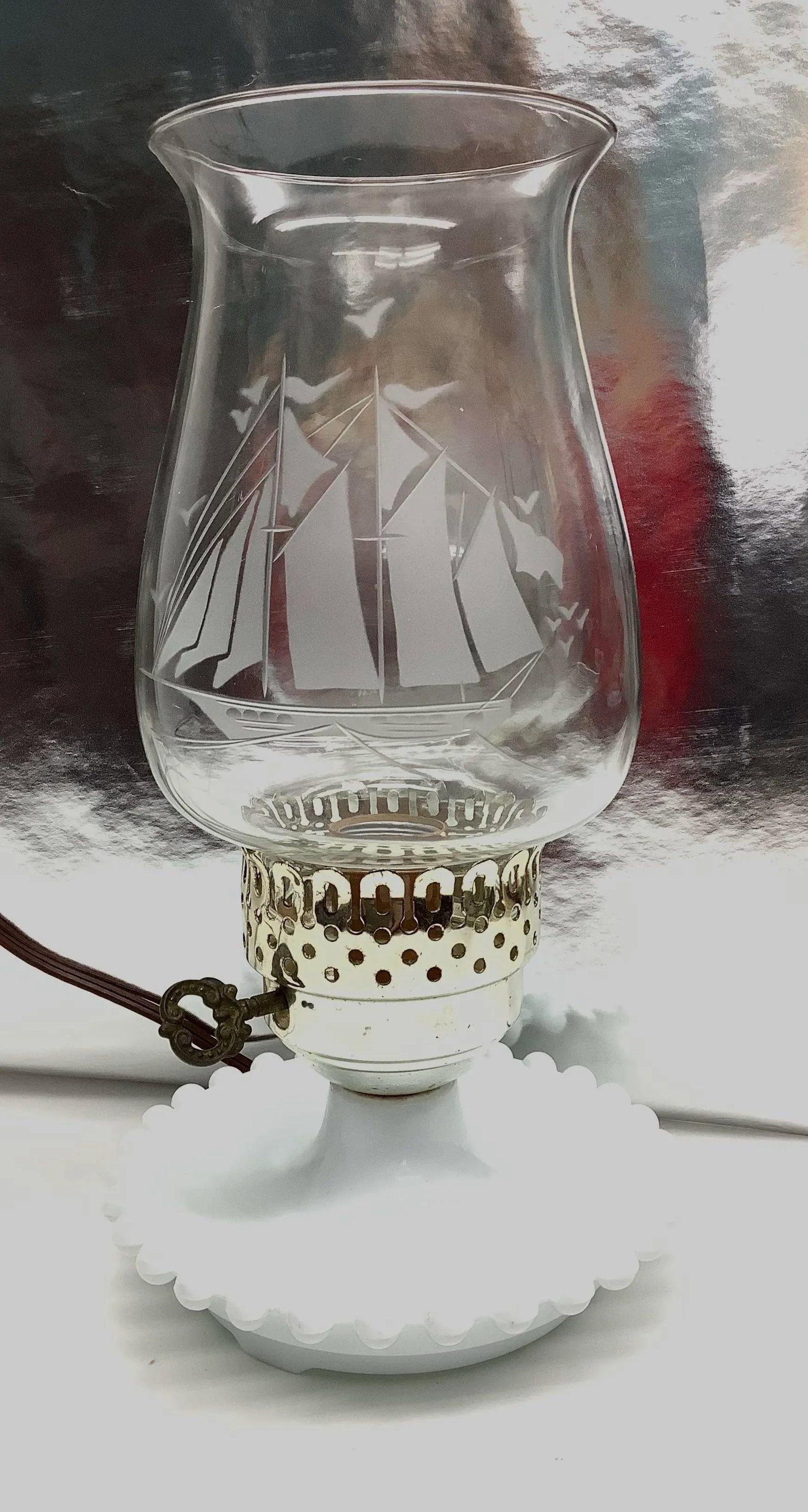 Mid Century Opaline Milk Glass Hurricane Lamp Nautical Theme - 4