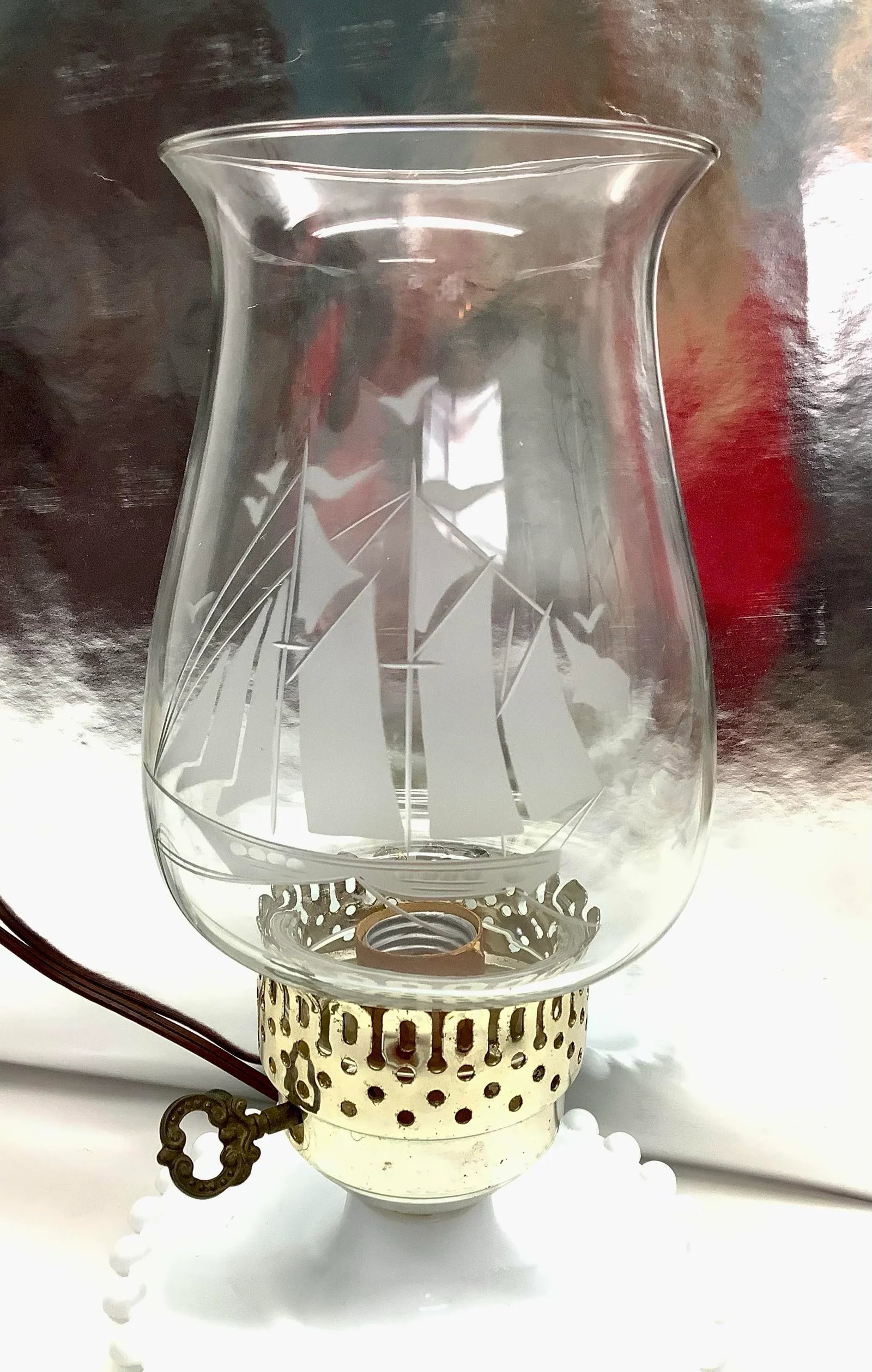 Mid Century Opaline Milk Glass Hurricane Lamp Nautical Theme - 6